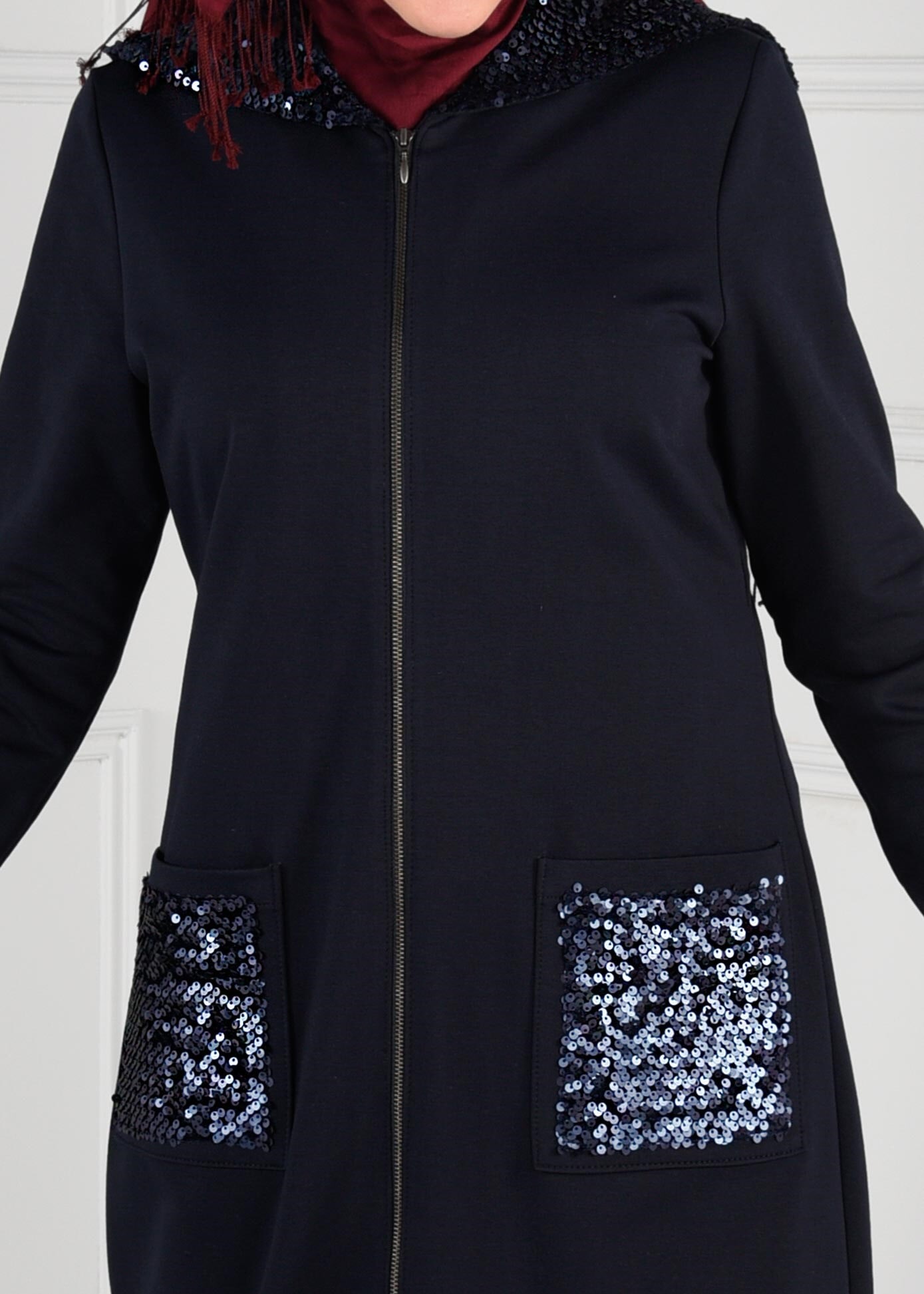 Tesettür giyim LACİVERT KAPÜŞONLU PAYETLİ FERMUARLI EŞOFMAN TUNİK 4801