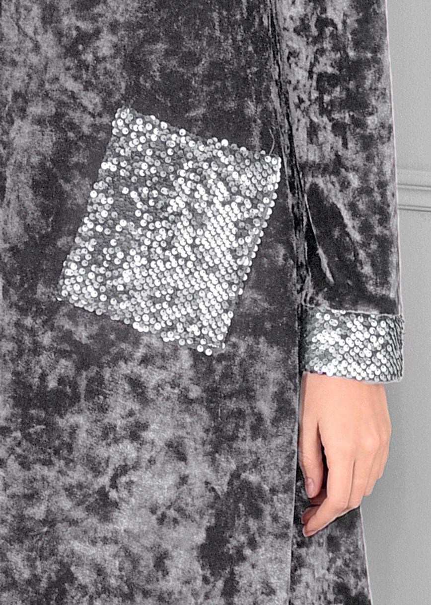 Tesettür giyim GRİ PAYET İŞLEMELİ CEPLİ KADİFE EŞOFMAN TUNİK 4803 