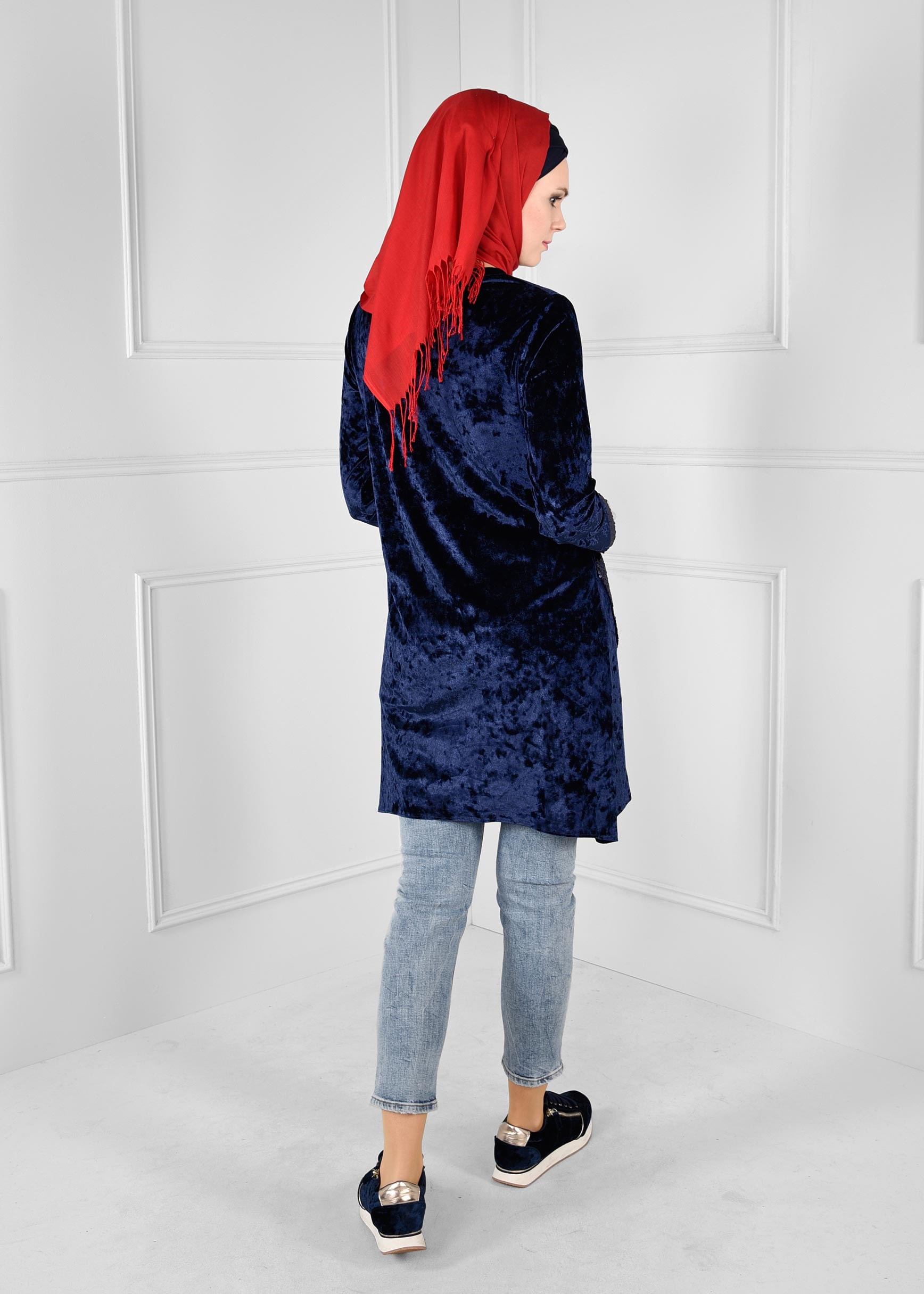 Tesettür giyim LACİVERT PAYET İŞLEMELİ CEPLİ KADİFE EŞOFMAN TUNİK 4803 