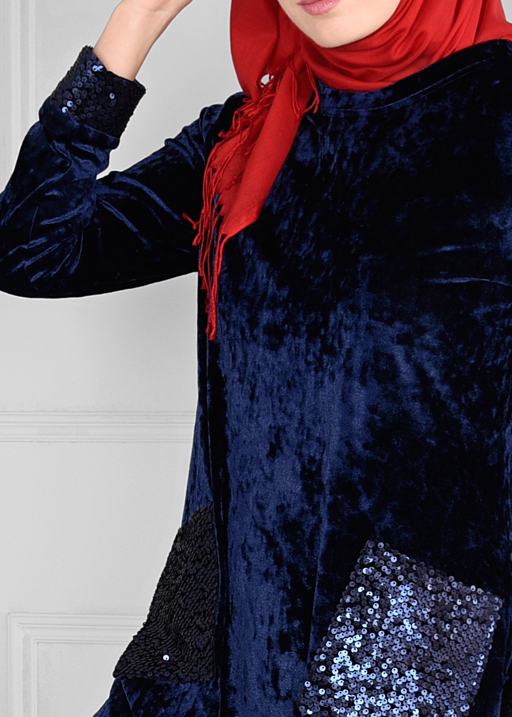 Tesettür giyim LACİVERT PAYET İŞLEMELİ CEPLİ KADİFE EŞOFMAN TUNİK 4803 