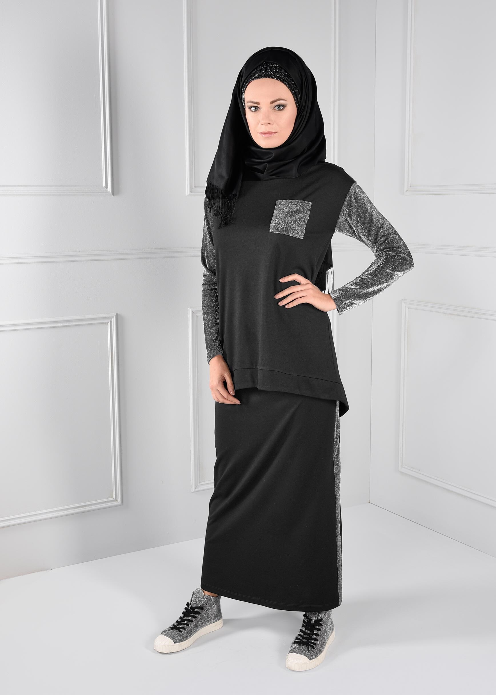 Tesettür giyim SİYAH YANLARI SİMLİ BİYE DETAYLI BELİ LASTİKLİ ETEK 6086