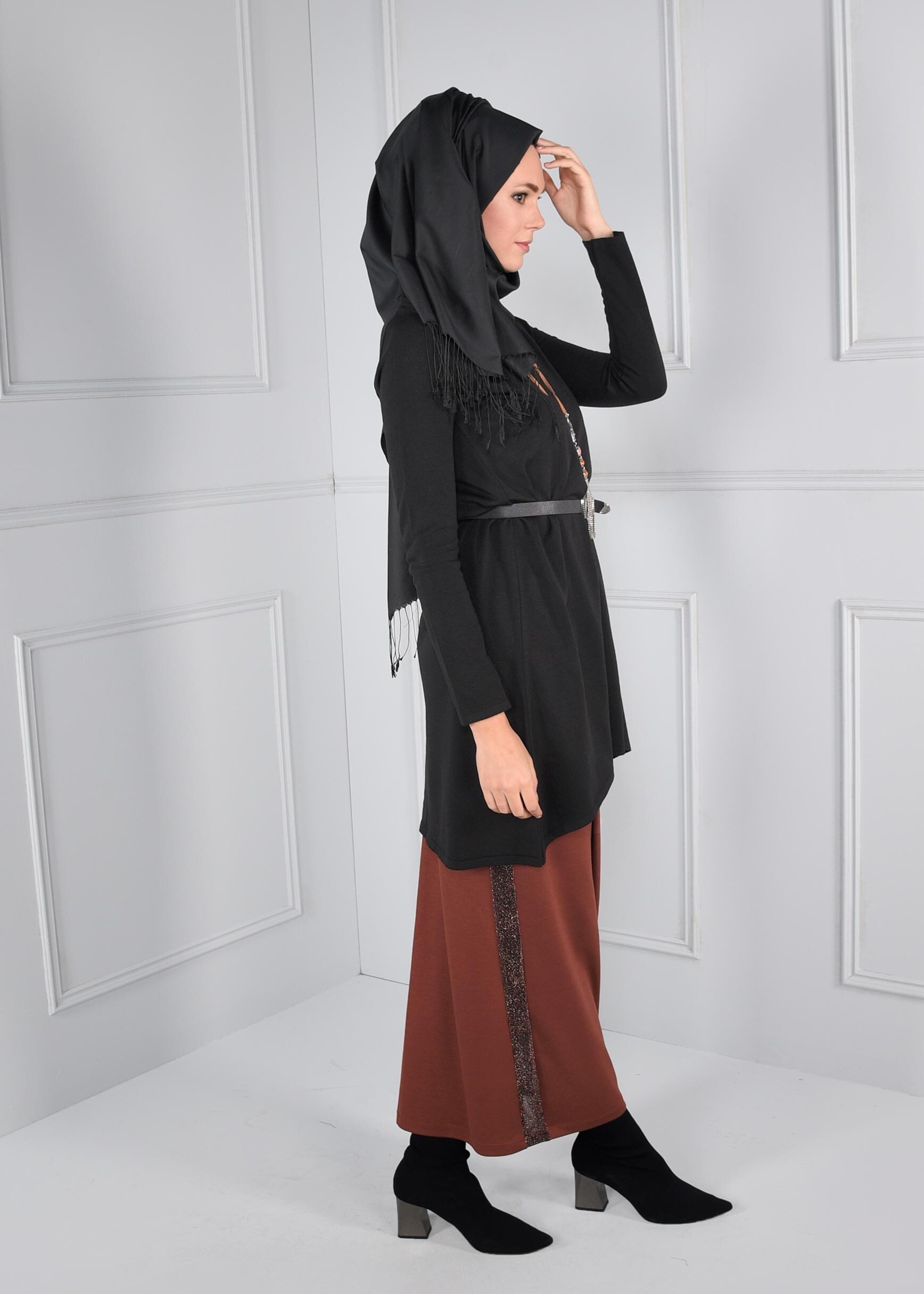 Tesettür giyim TURUNCU YANLARI SİMLİ BİYE DETAYLI BELİ LASTİKLİ ETEK 6086