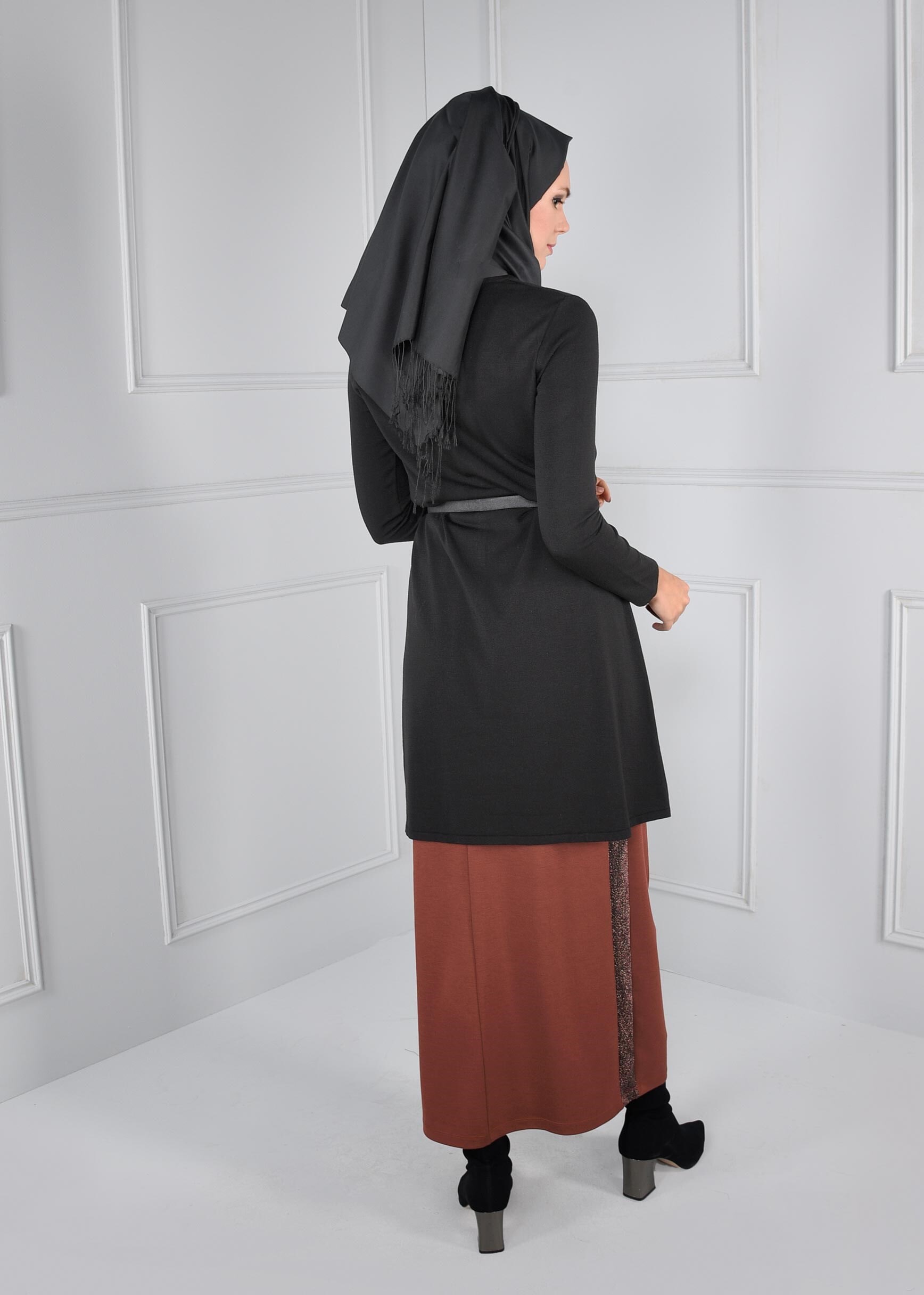 Tesettür giyim TURUNCU YANLARI SİMLİ BİYE DETAYLI BELİ LASTİKLİ ETEK 6086