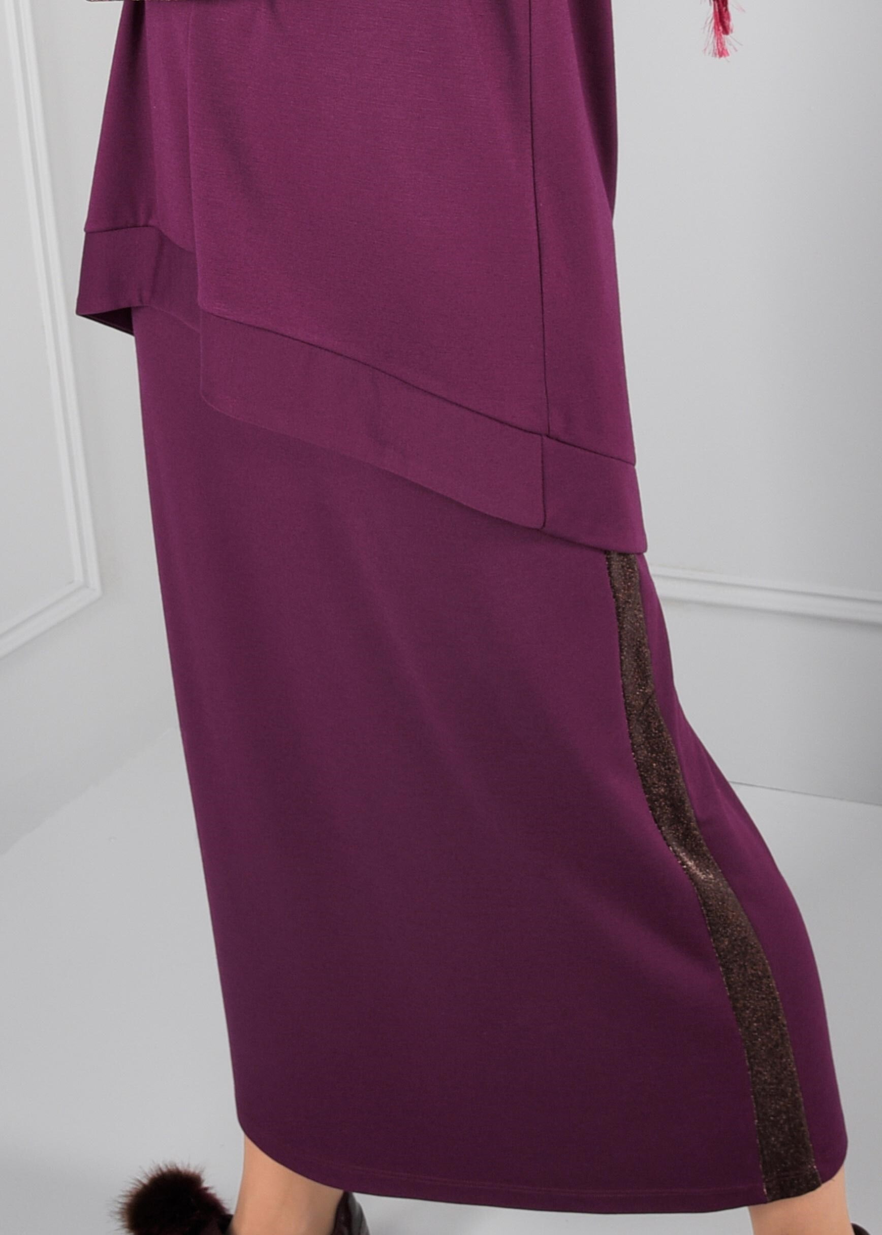 Tesettür giyim MOR YANLARI SİMLİ BİYE DETAYLI BELİ LASTİKLİ ETEK 6086