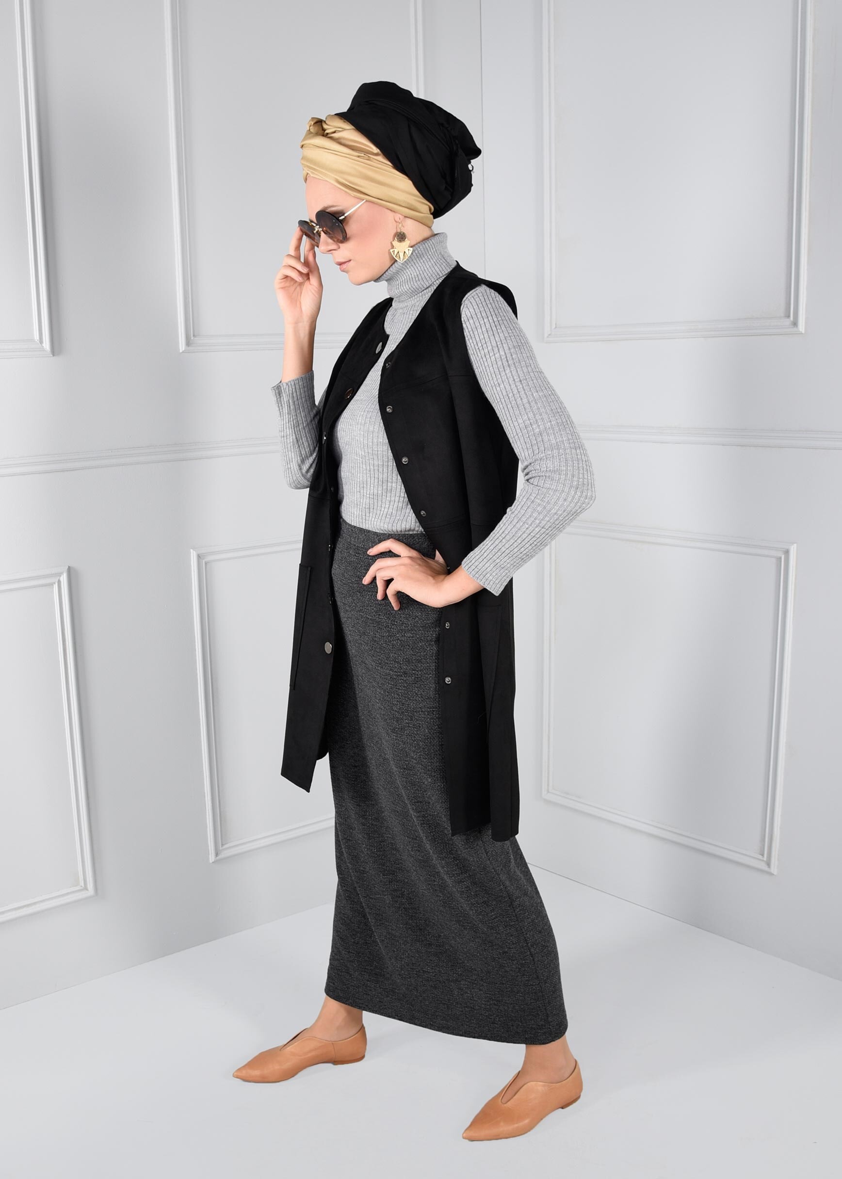 Tesettür giyim GRİ YÜKSEK BEL DÜZ KESİM ETEK 6087