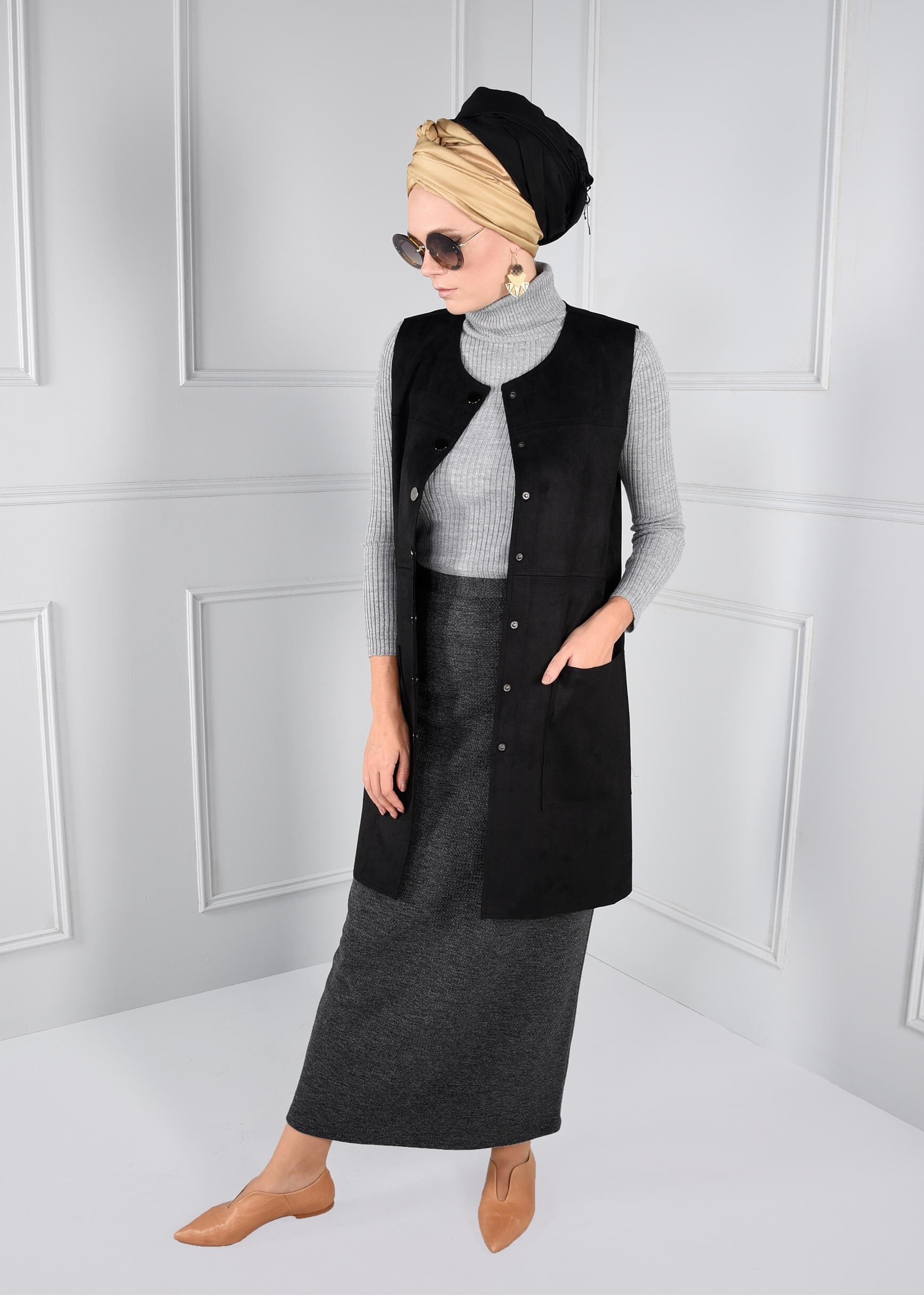 Tesettür giyim GRİ YÜKSEK BEL DÜZ KESİM ETEK 6087