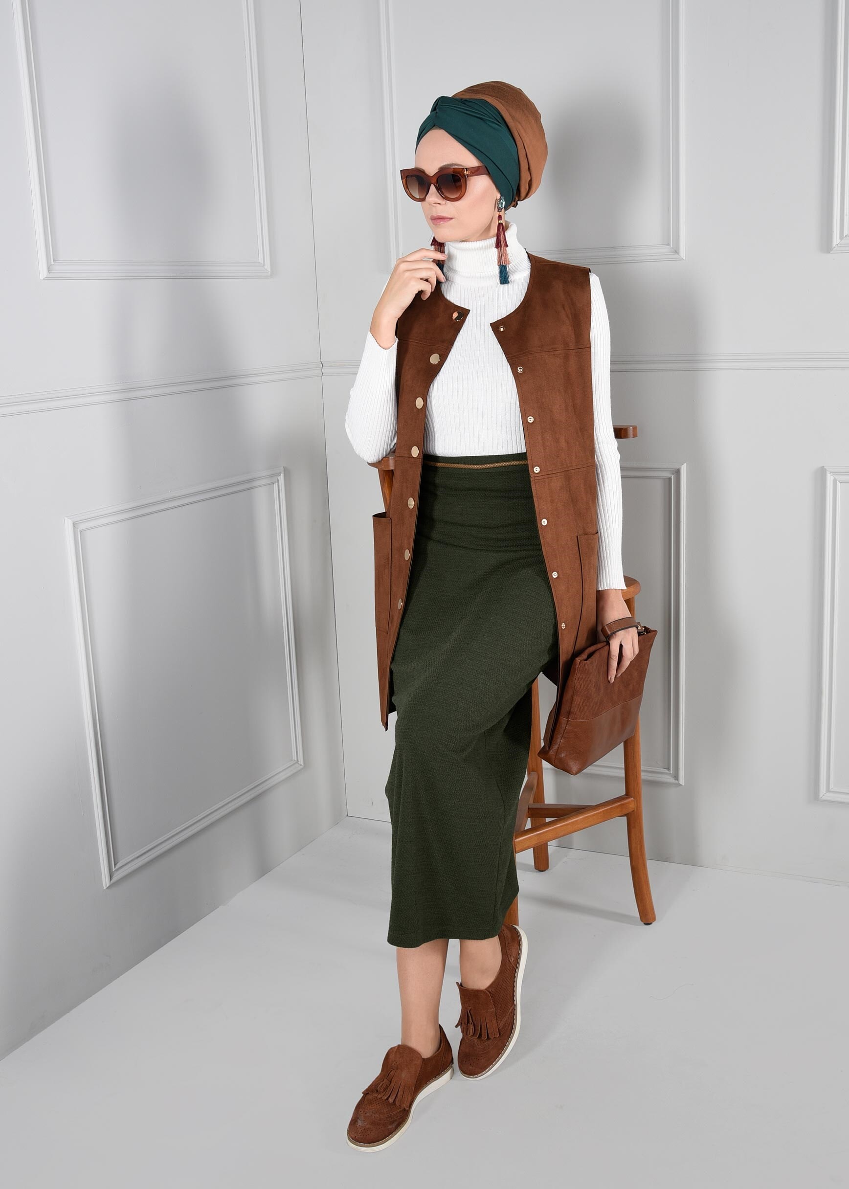 Tesettür giyim HAKİ YÜKSEK BEL DÜZ KESİM ETEK 6087