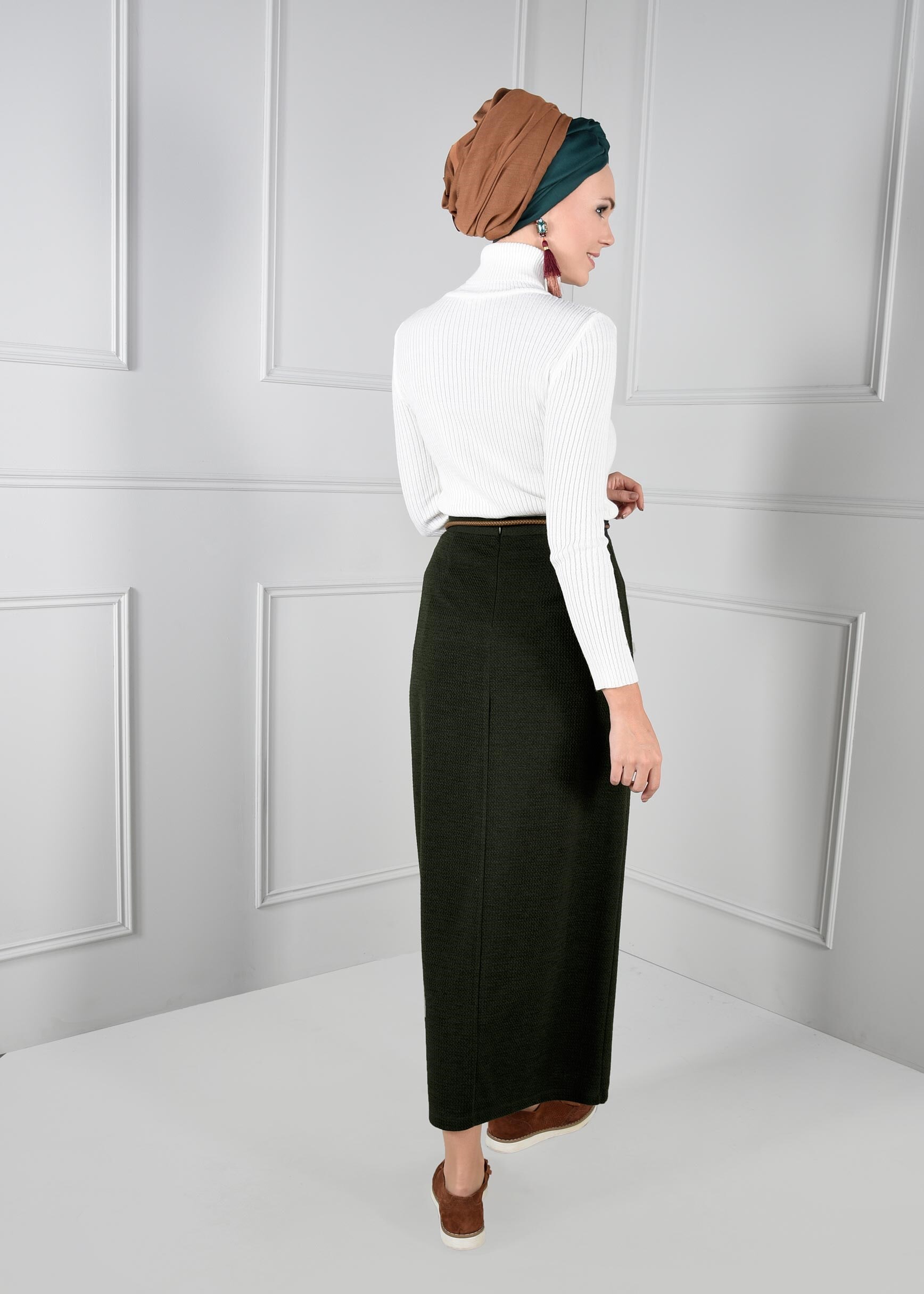 Tesettür giyim HAKİ YÜKSEK BEL DÜZ KESİM ETEK 6087