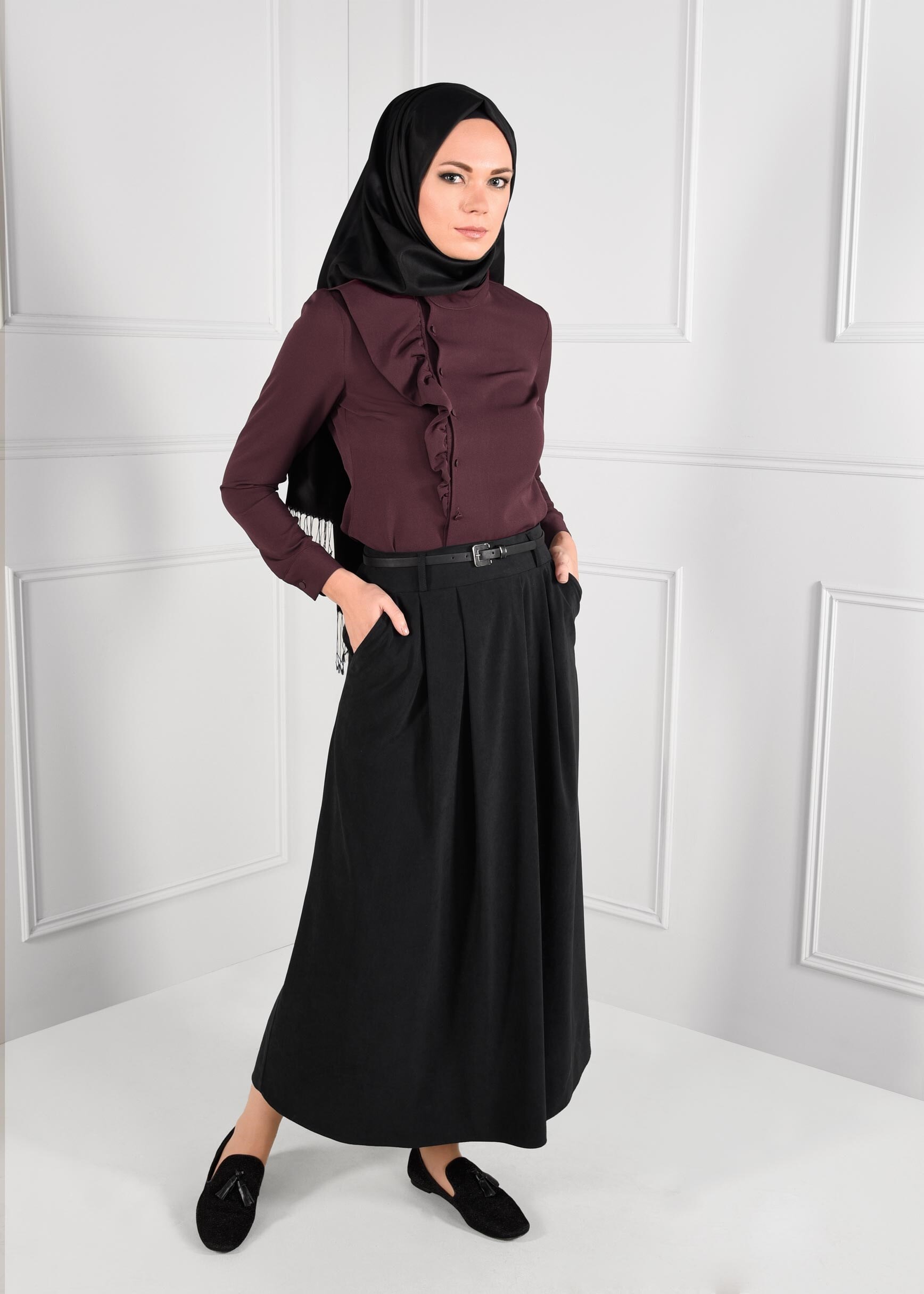 Tesettür giyim SİYAH KEMERLİ CEPLİ SÜET ETEK 6088