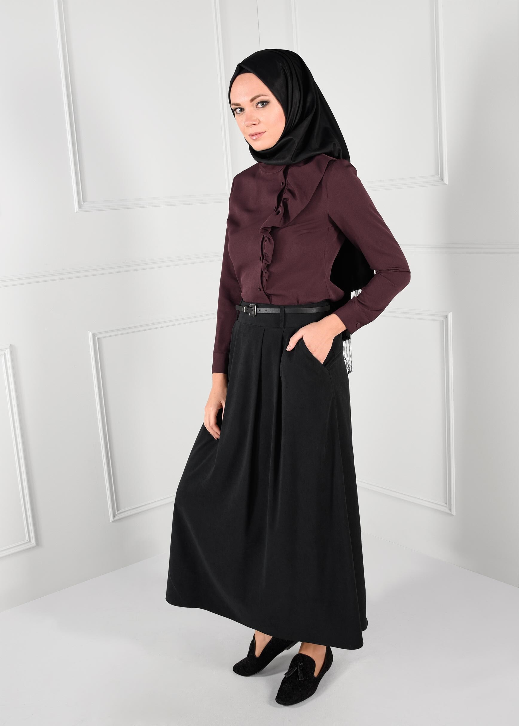 Tesettür giyim SİYAH KEMERLİ CEPLİ SÜET ETEK 6088