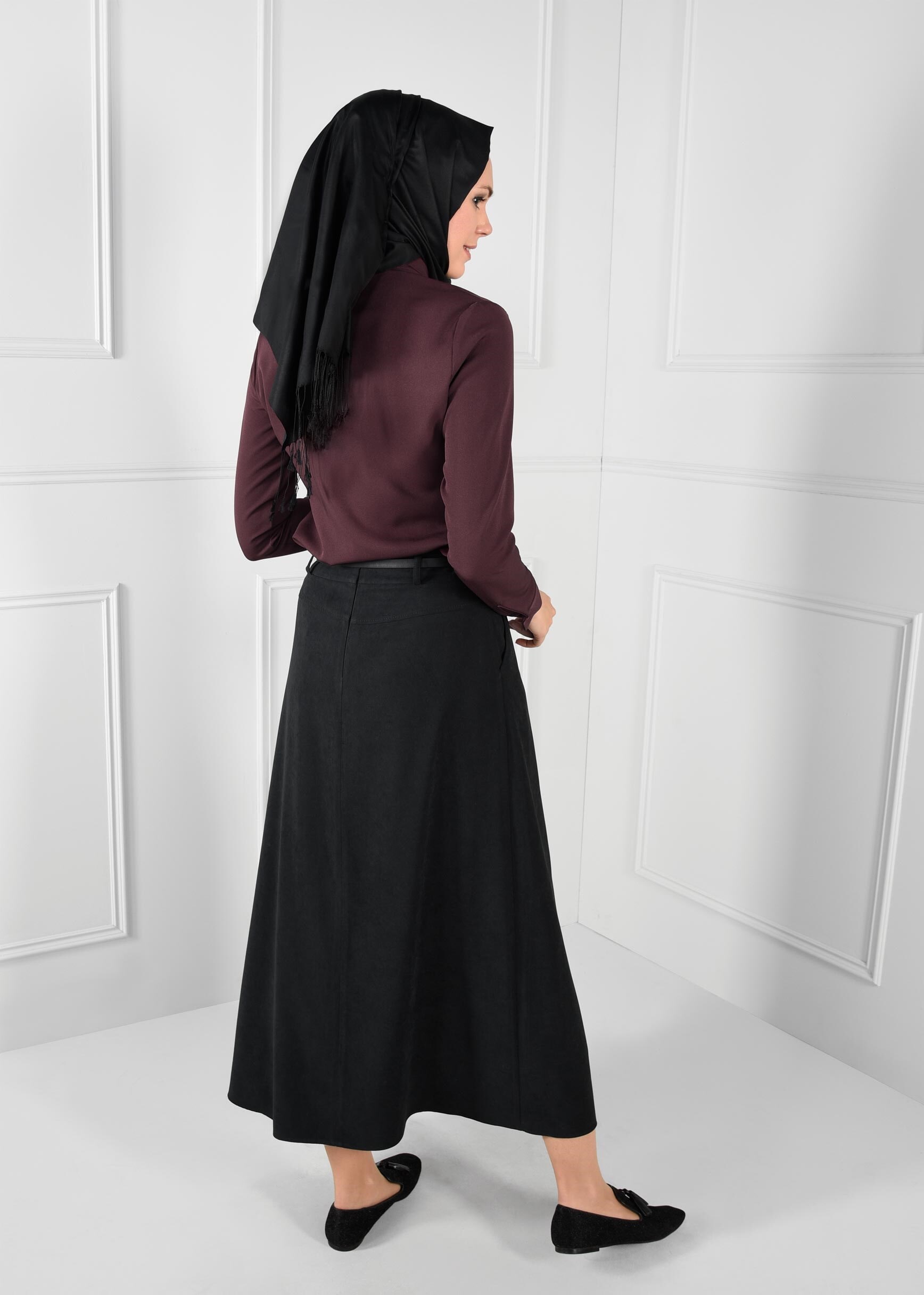 Tesettür giyim SİYAH KEMERLİ CEPLİ SÜET ETEK 6088