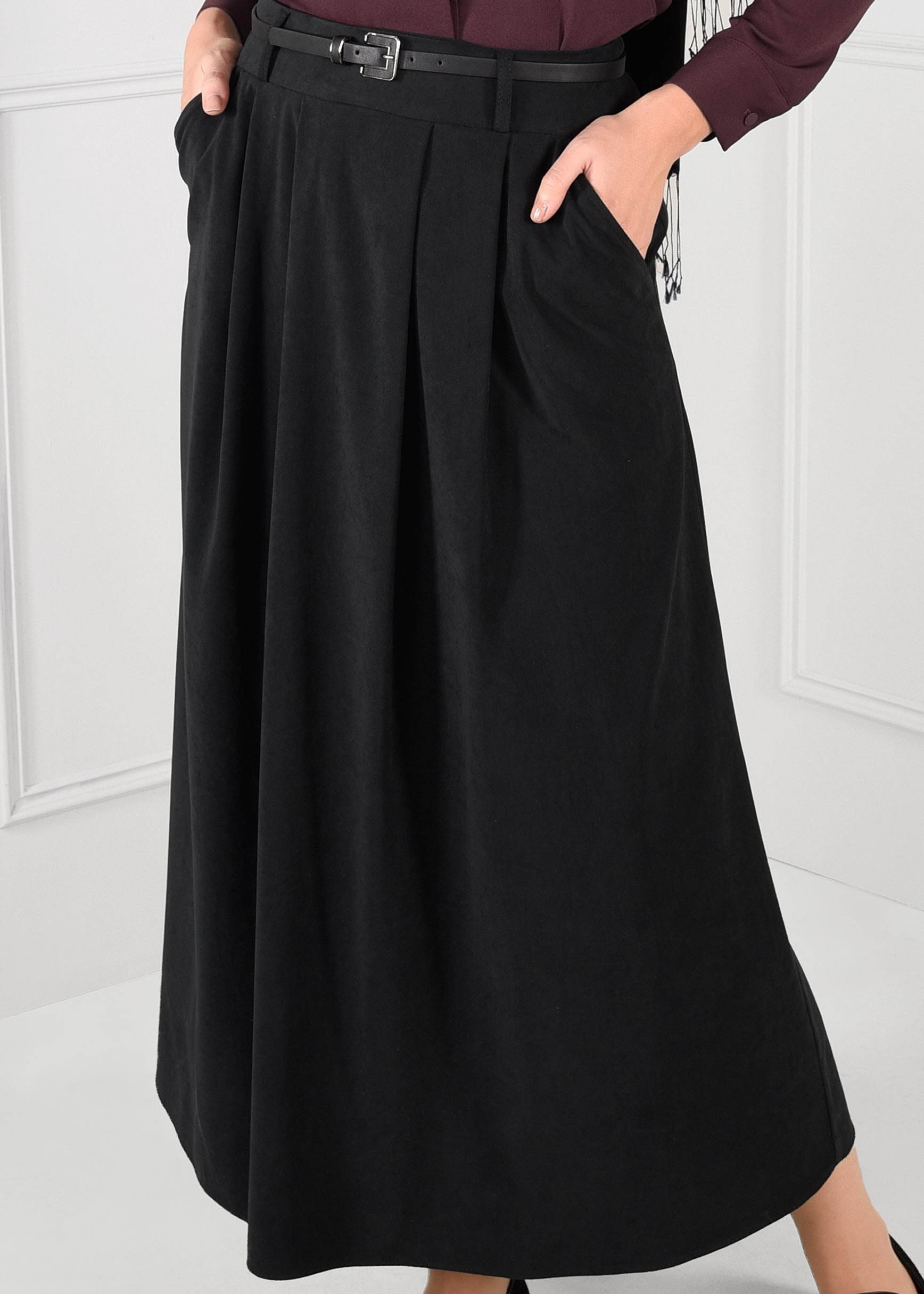 Tesettür giyim SİYAH KEMERLİ CEPLİ SÜET ETEK 6088