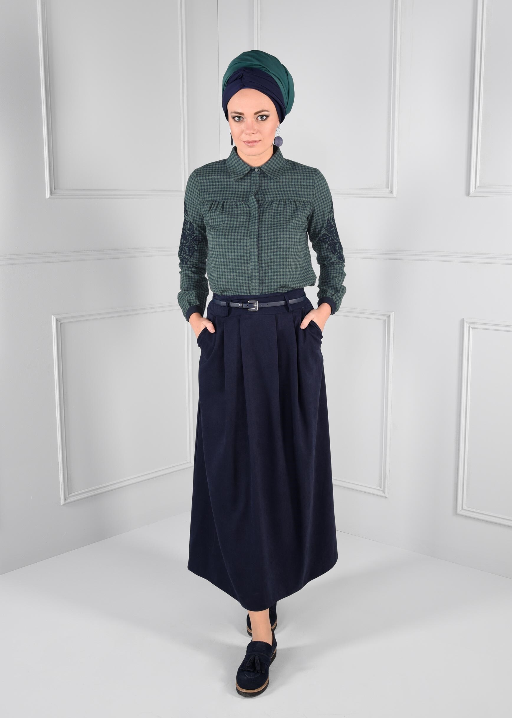 Tesettür giyim LACİVERT KEMERLİ CEPLİ SÜET ETEK 6088