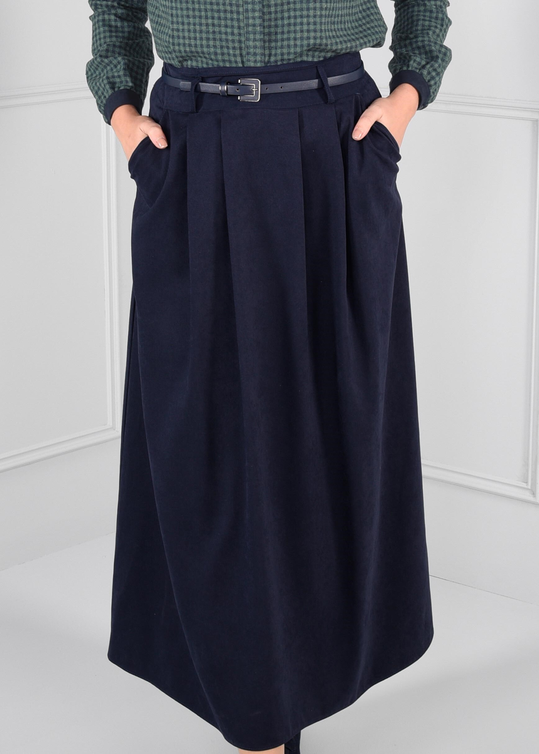 Tesettür giyim LACİVERT KEMERLİ CEPLİ SÜET ETEK 6088