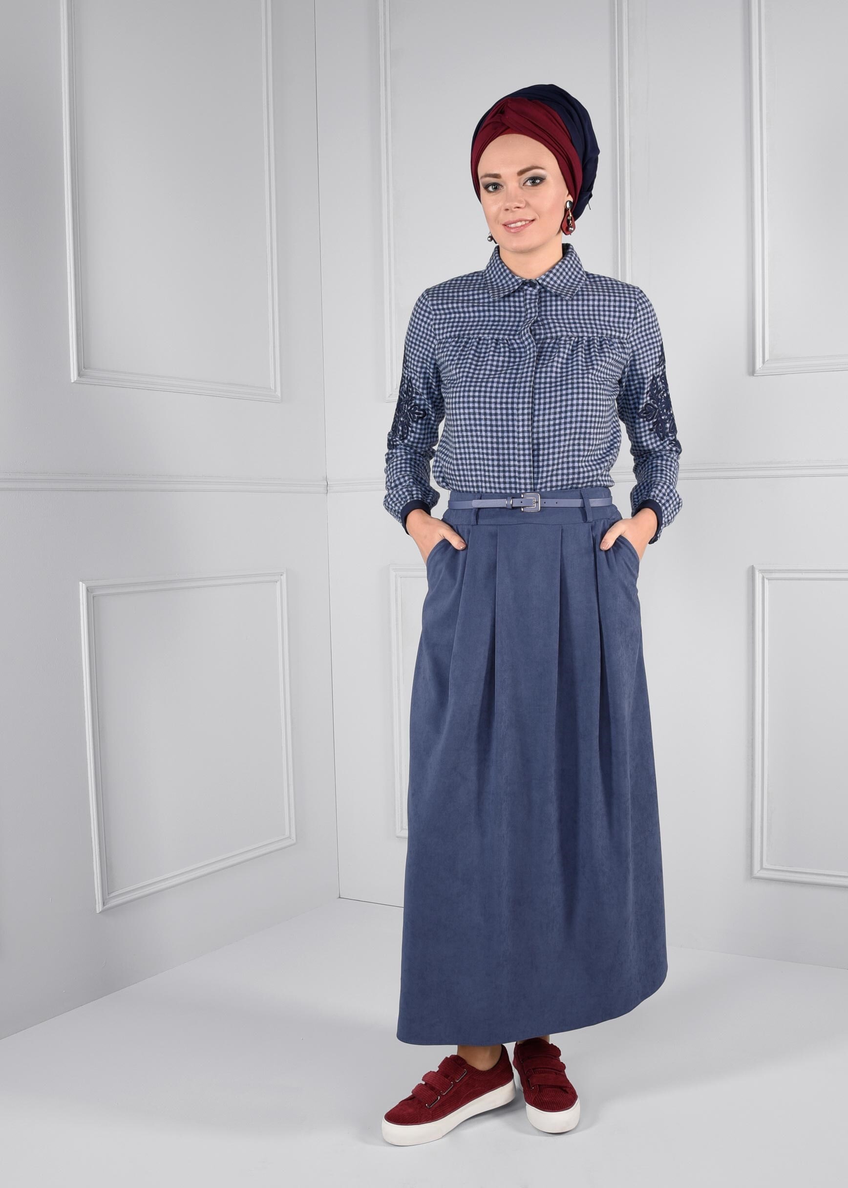 Tesettür giyim MAVİ KEMERLİ CEPLİ SÜET ETEK 6088