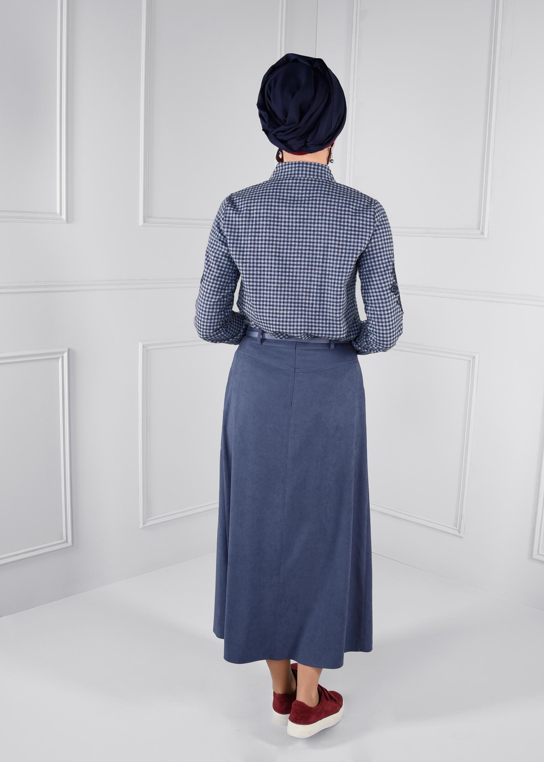 Tesettür giyim MAVİ KEMERLİ CEPLİ SÜET ETEK 6088