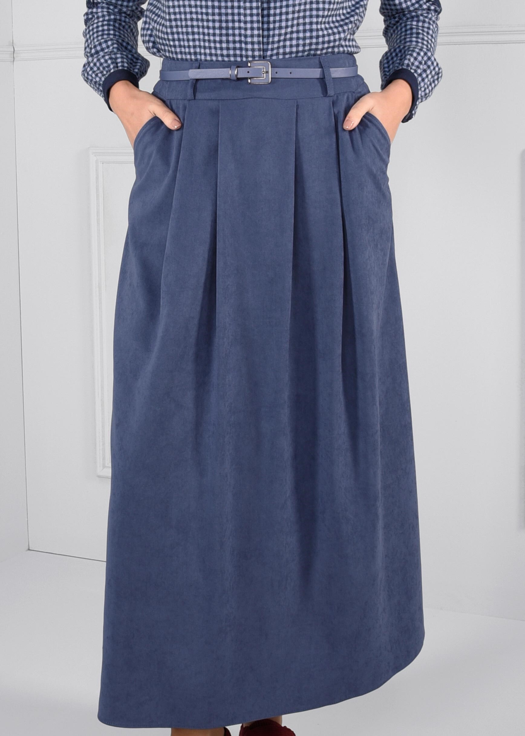 Tesettür giyim MAVİ KEMERLİ CEPLİ SÜET ETEK 6088