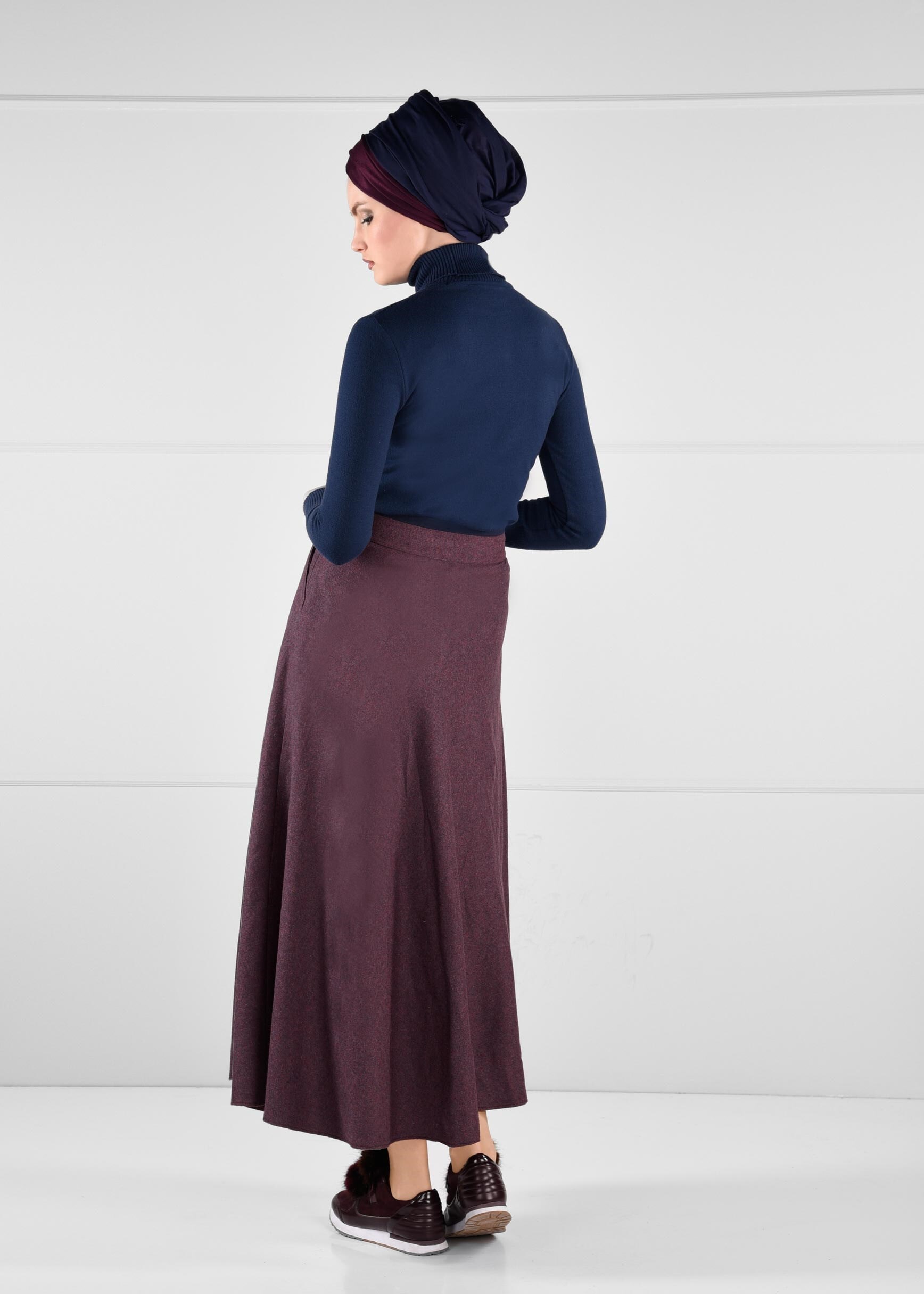 Tesettür giyim BORDO NAKIŞ İŞLEMELİ KLOŞ ETEK 6089 