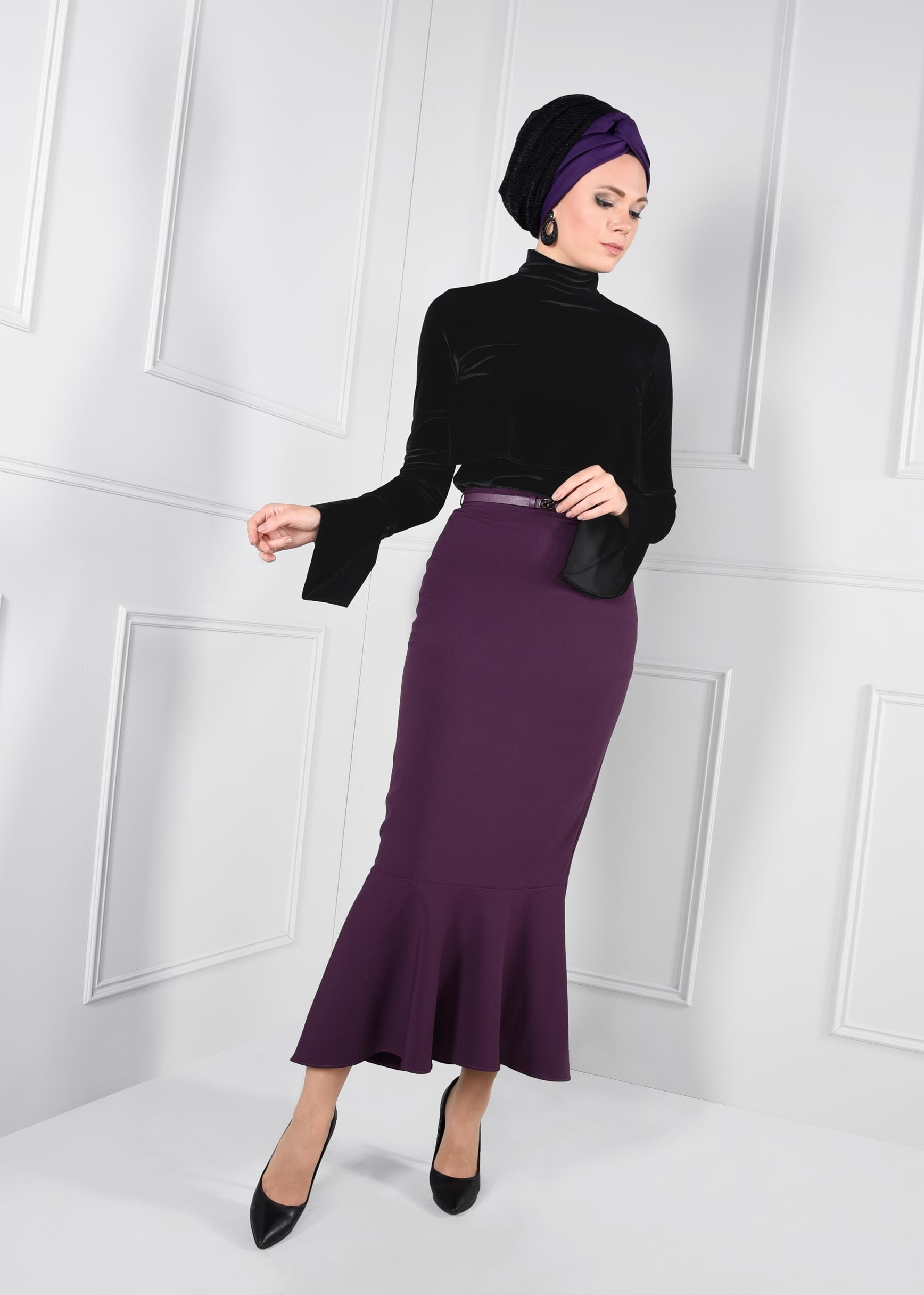 Tesettür giyim MOR VOLANLI ETEK 6090