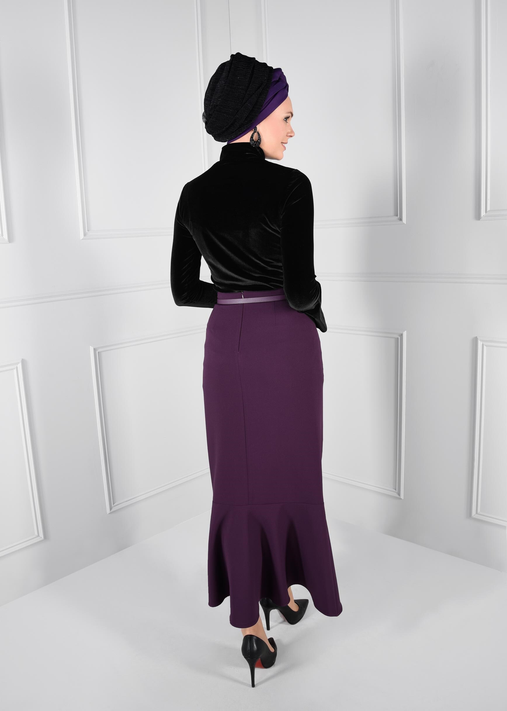 Tesettür giyim MOR VOLANLI ETEK 6090