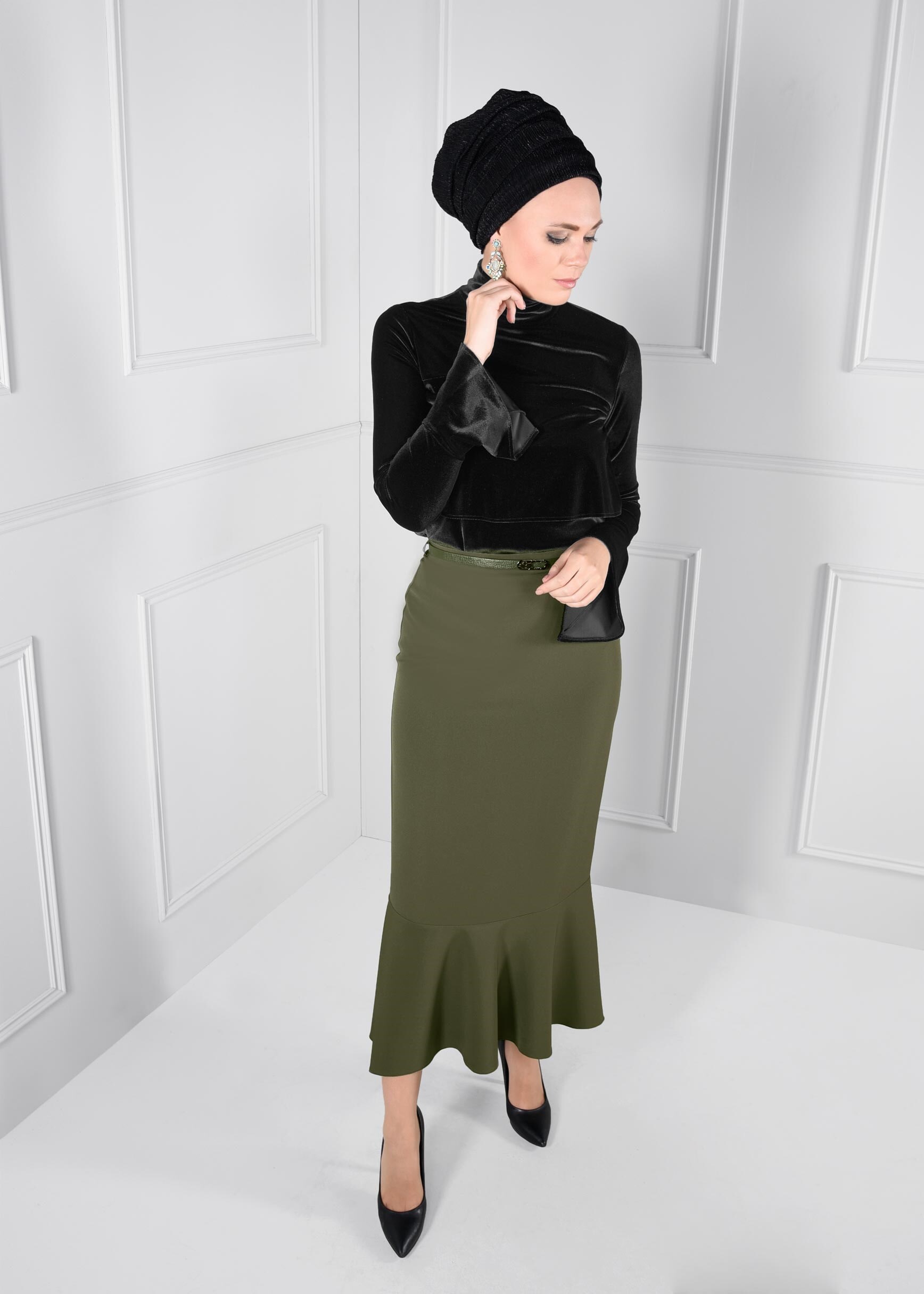 Tesettür giyim HAKİ VOLANLI ETEK 6090