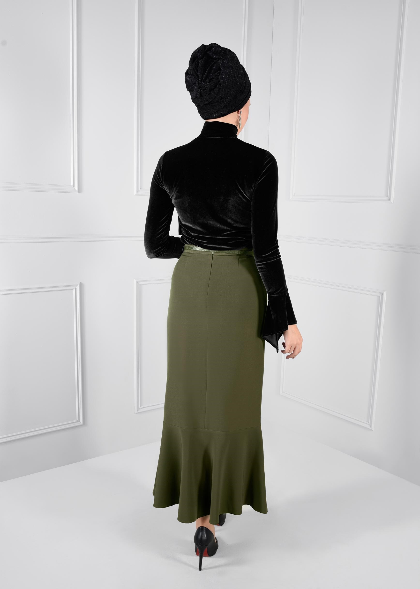 Tesettür giyim HAKİ VOLANLI ETEK 6090