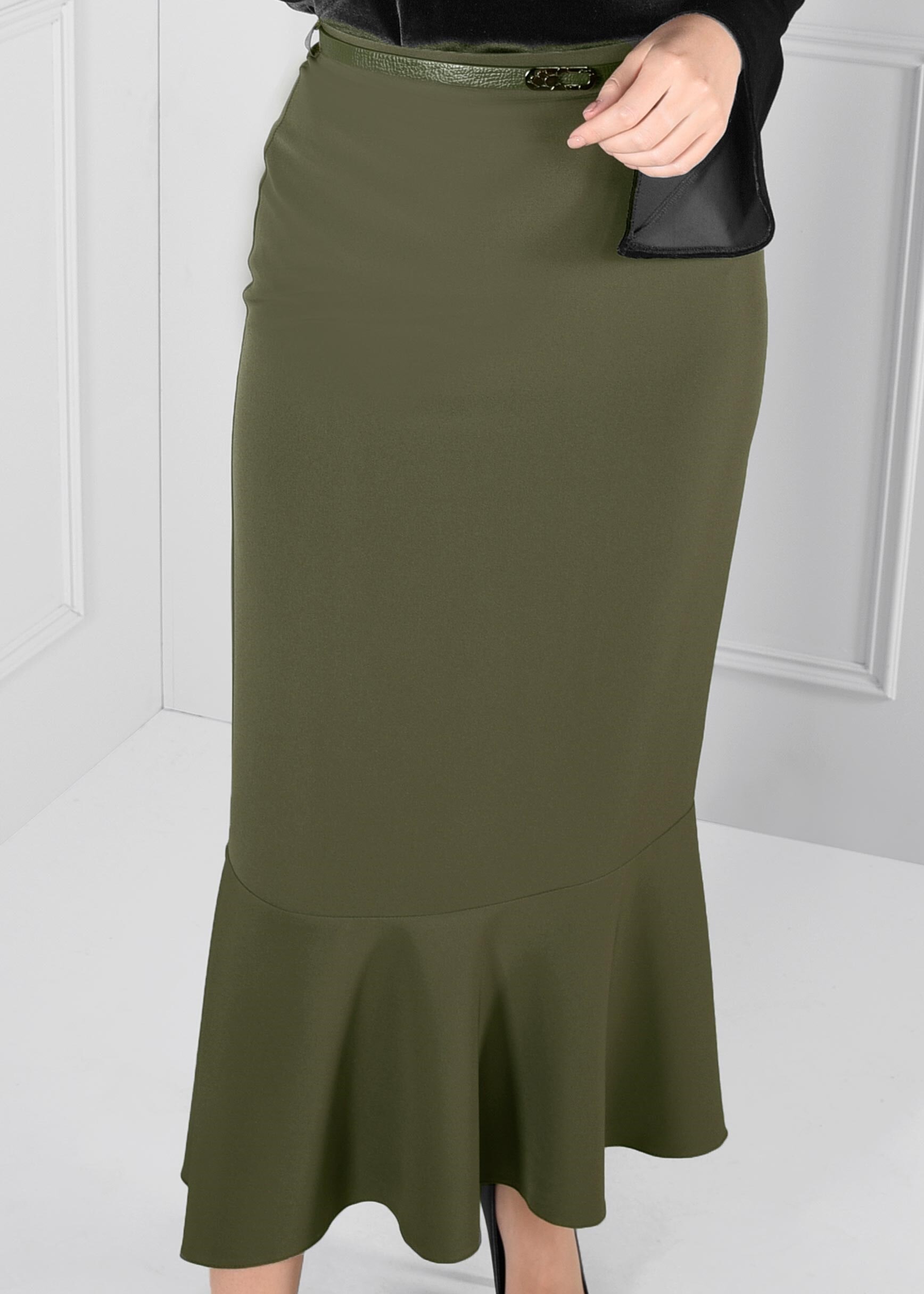 Tesettür giyim HAKİ VOLANLI ETEK 6090