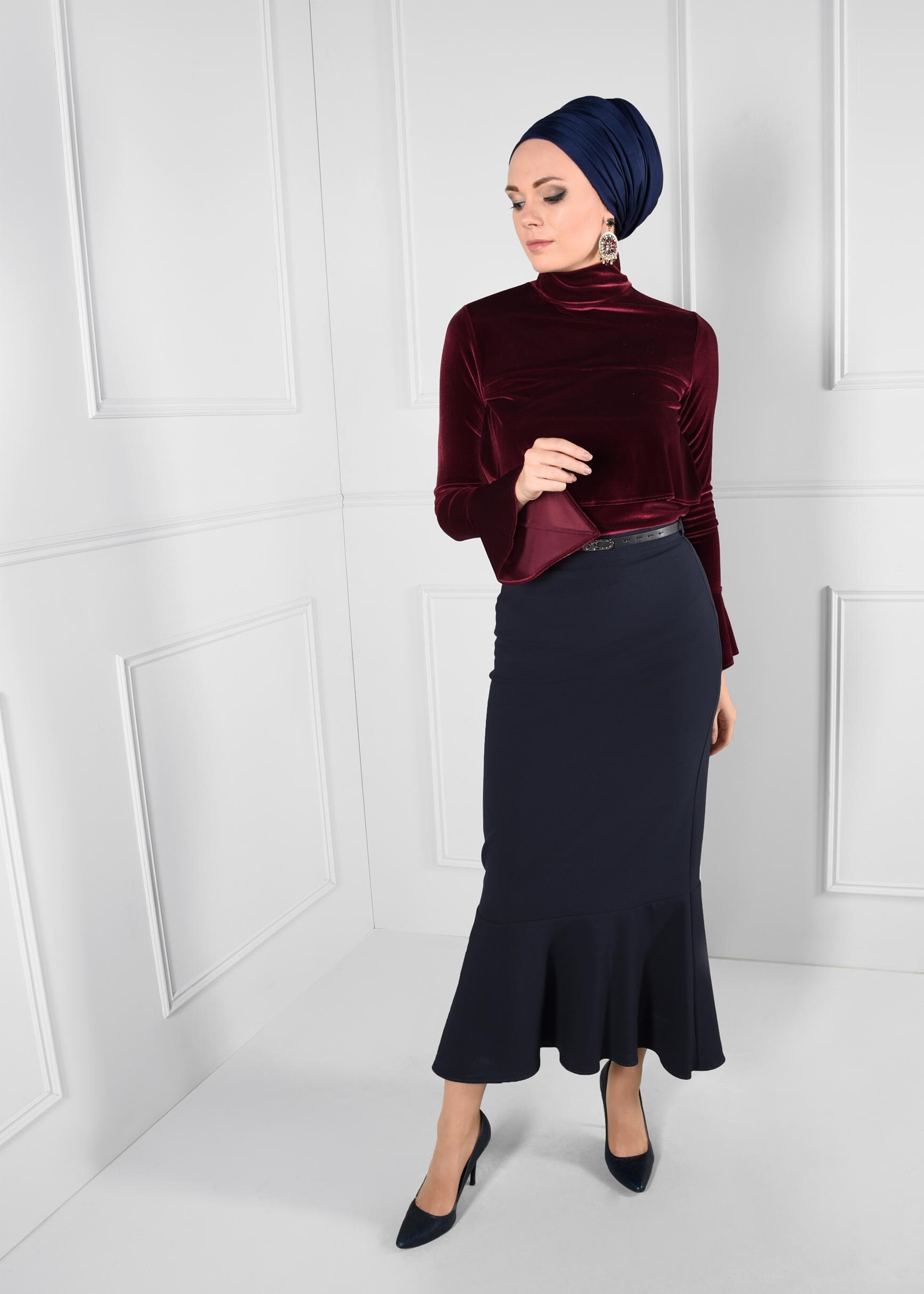 Tesettür giyim LACİVERT VOLANLI ETEK 6090