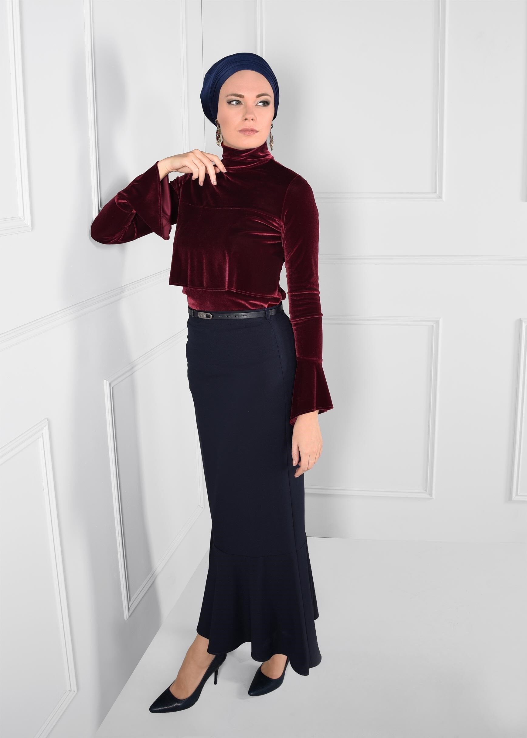 Tesettür giyim LACİVERT VOLANLI ETEK 6090