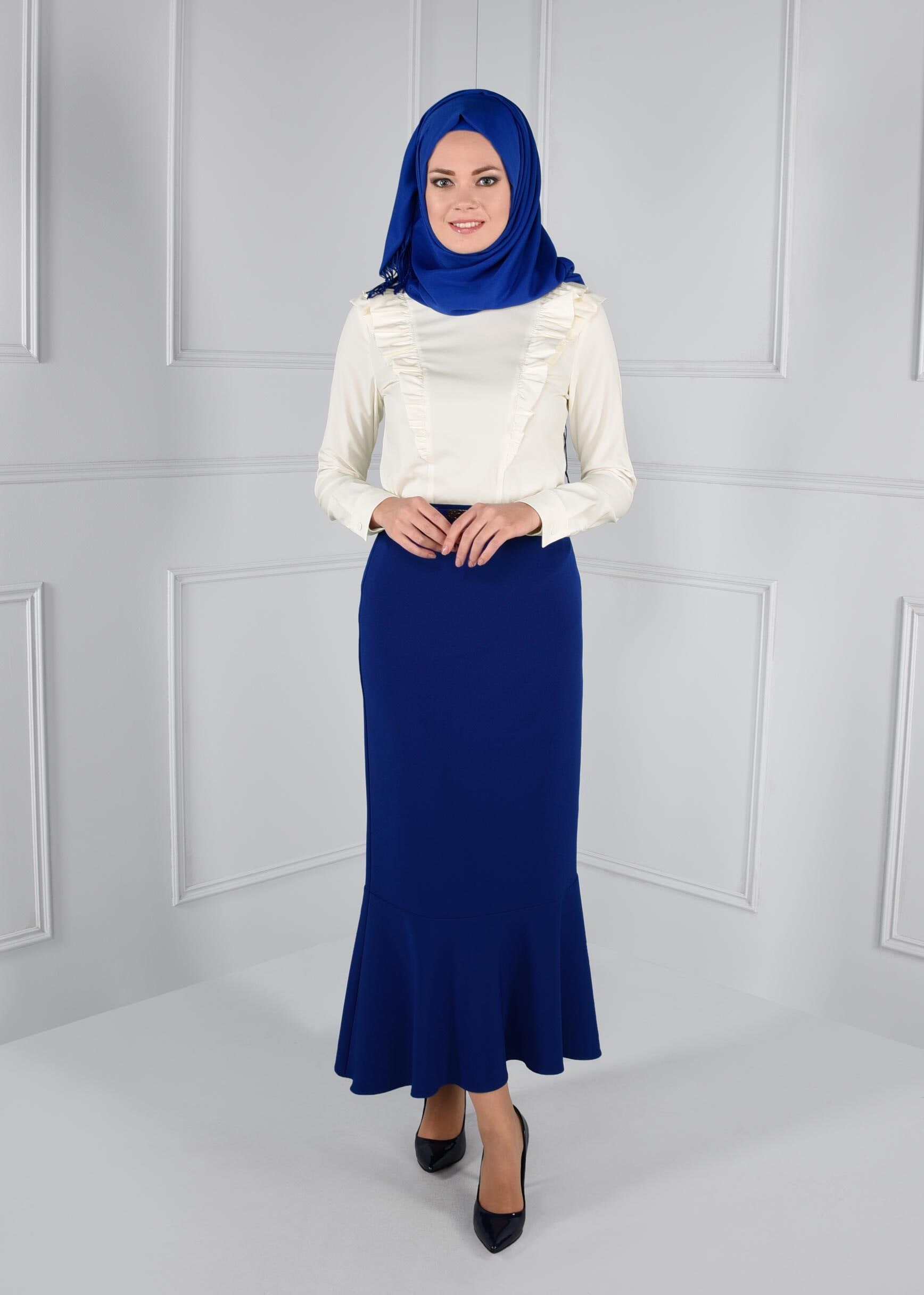 Tesettür giyim LACİVERT VOLANLI ETEK 6090