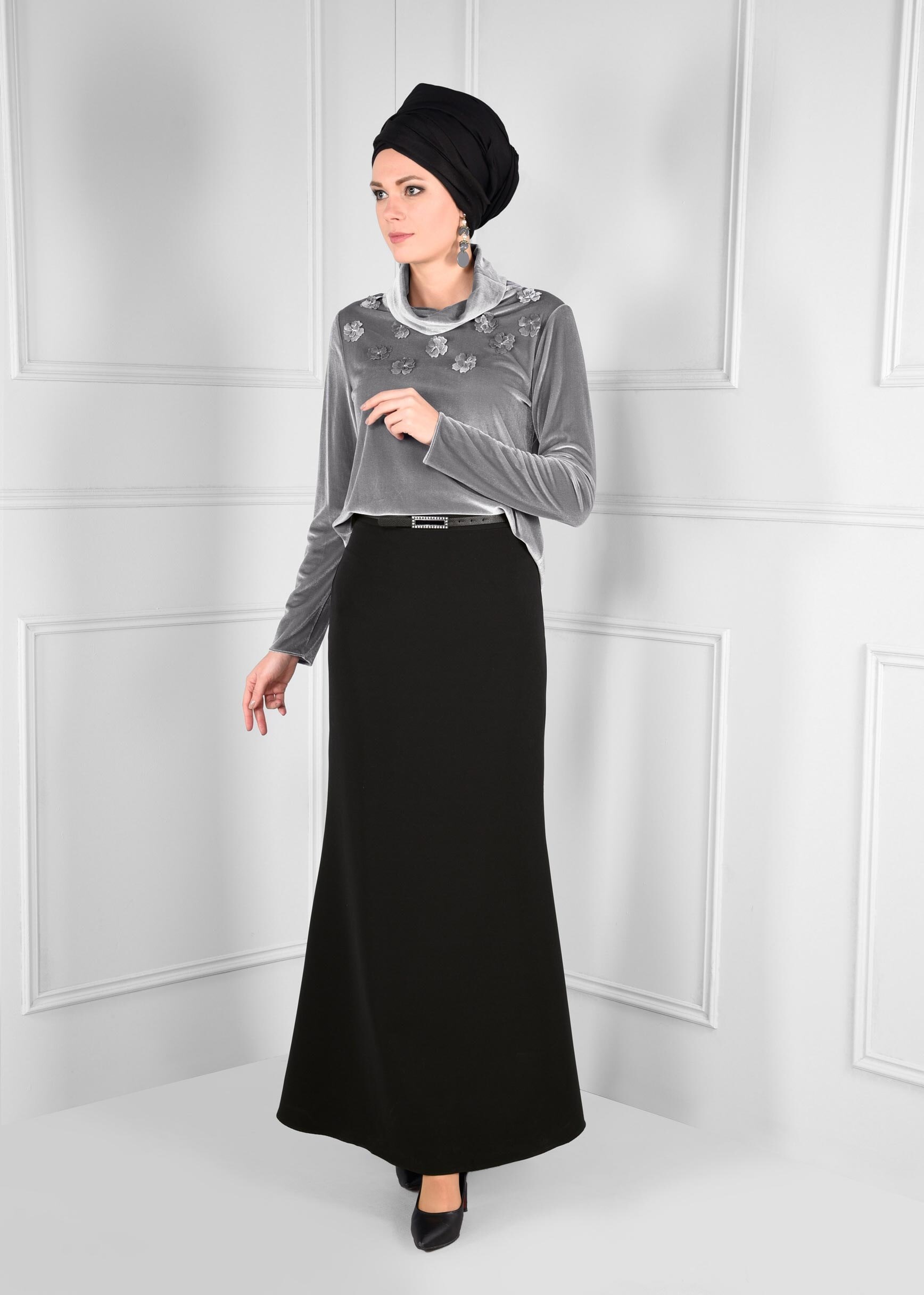 Tesettür giyim SİYAH BALIK KESİM KEMERLİ ETEK 6091