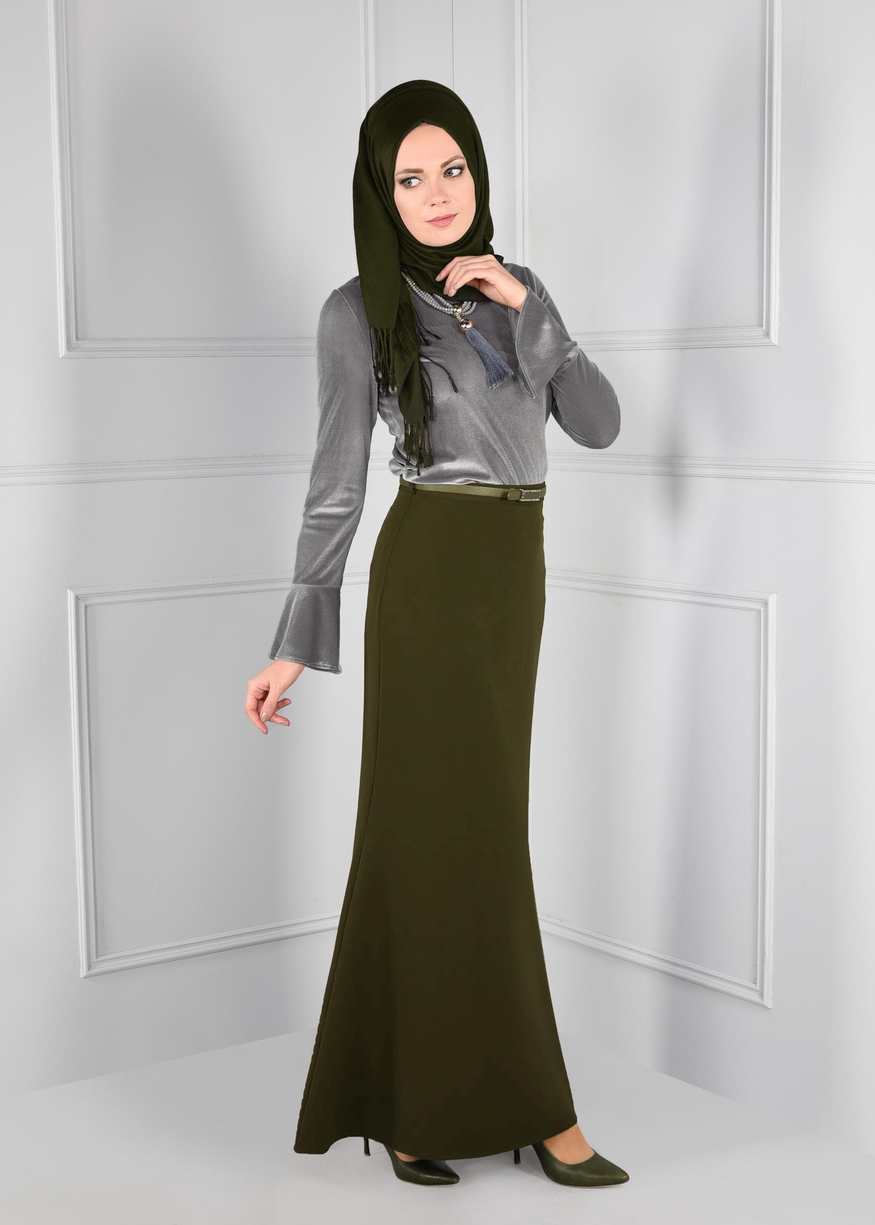 Tesettür giyim HAKİ BALIK KESİM KEMERLİ ETEK 6091