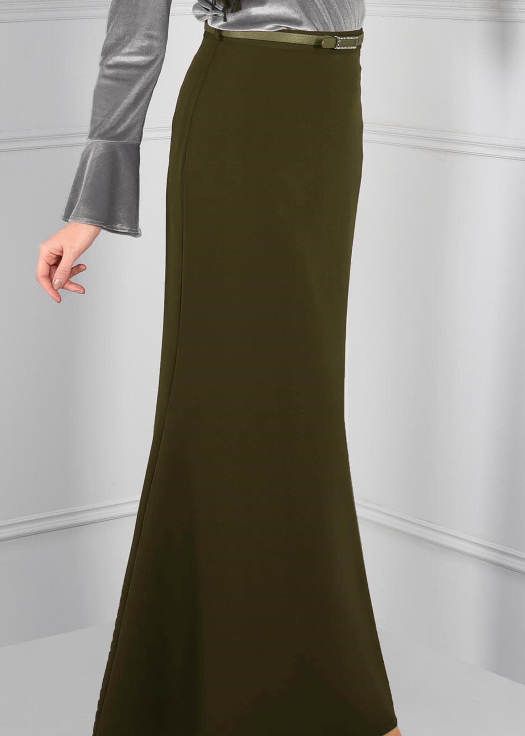 Tesettür giyim HAKİ BALIK KESİM KEMERLİ ETEK 6091