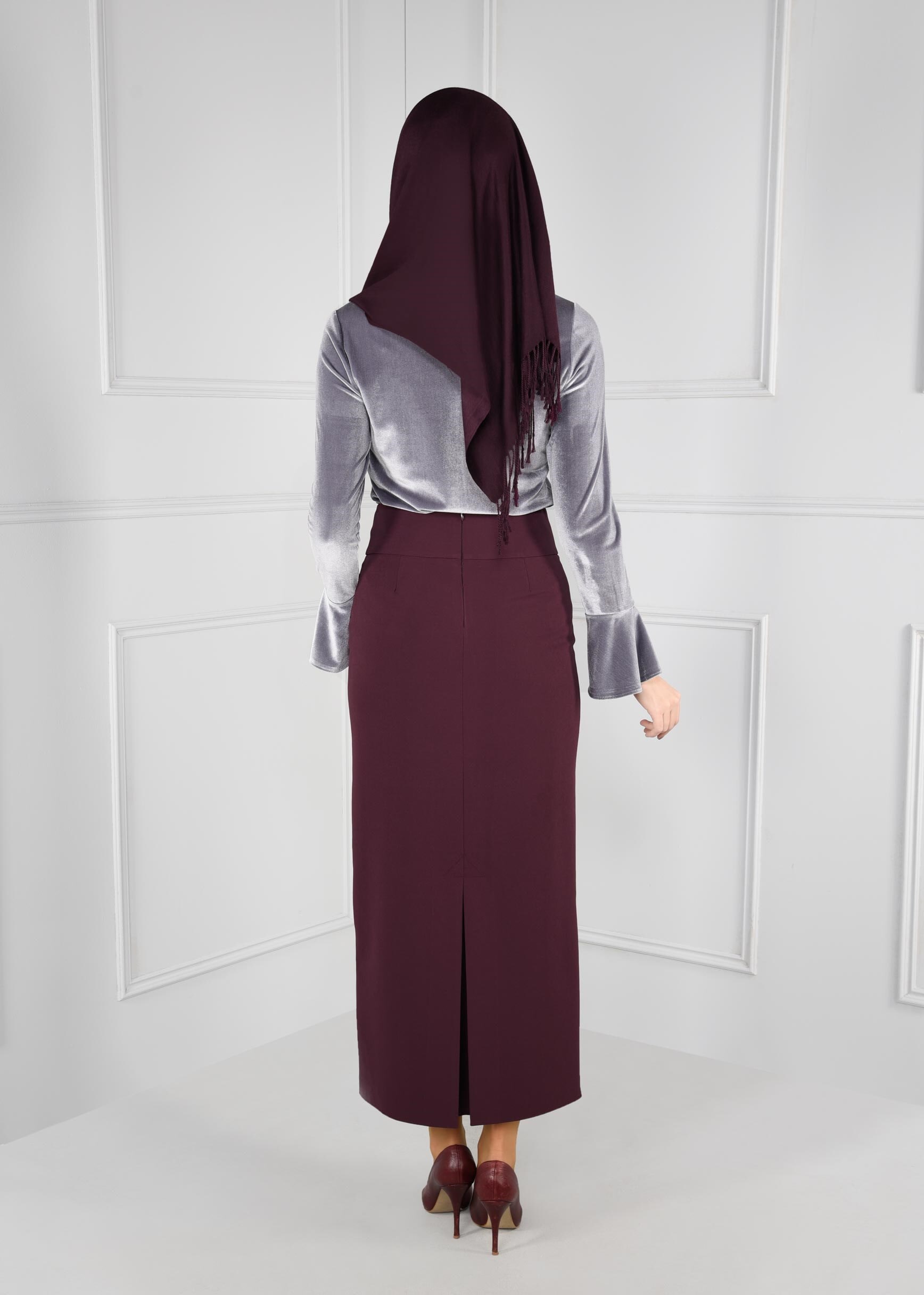 Tesettür giyim MOR BELİ KUŞ GÖZÜ BAĞCIK DETAYLI GİZLİ YIRTMAÇLI DÜZ KESİM ETEK 6092