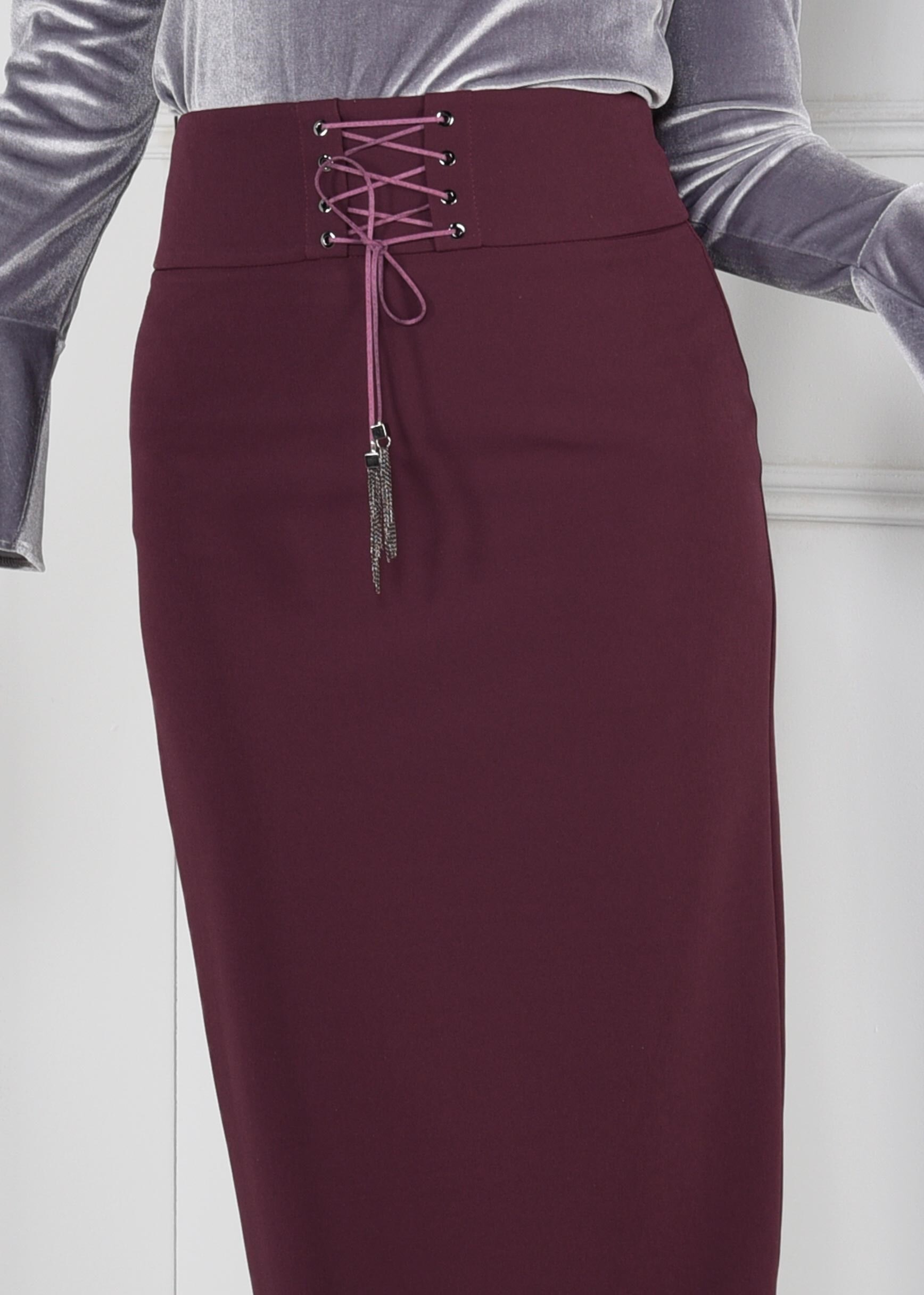 Tesettür giyim MOR BELİ KUŞ GÖZÜ BAĞCIK DETAYLI GİZLİ YIRTMAÇLI DÜZ KESİM ETEK 6092