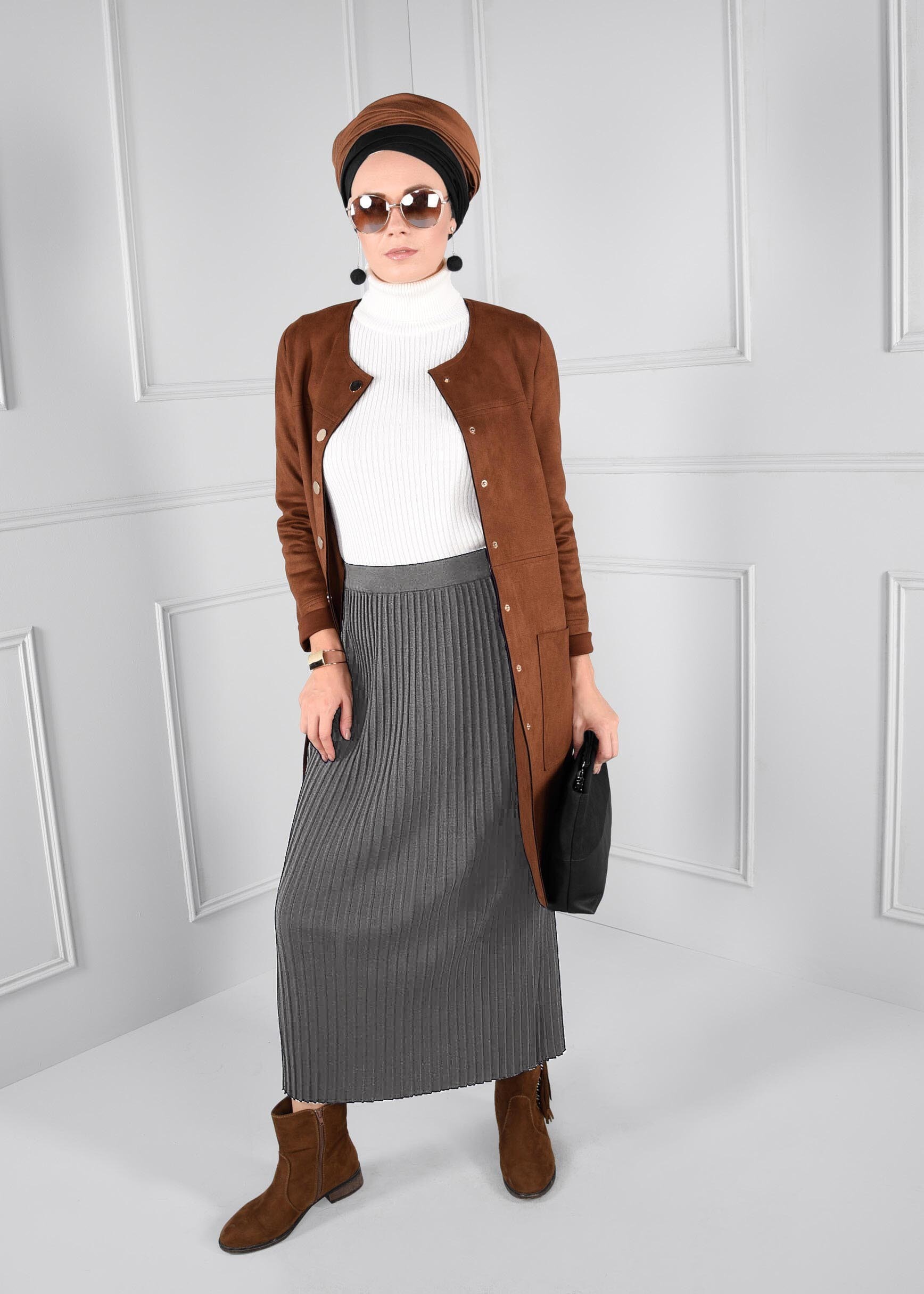 Tesettür giyim GRİ BELİ LASTİKLİ FİTİLLİ TRİKO ETEK 6093