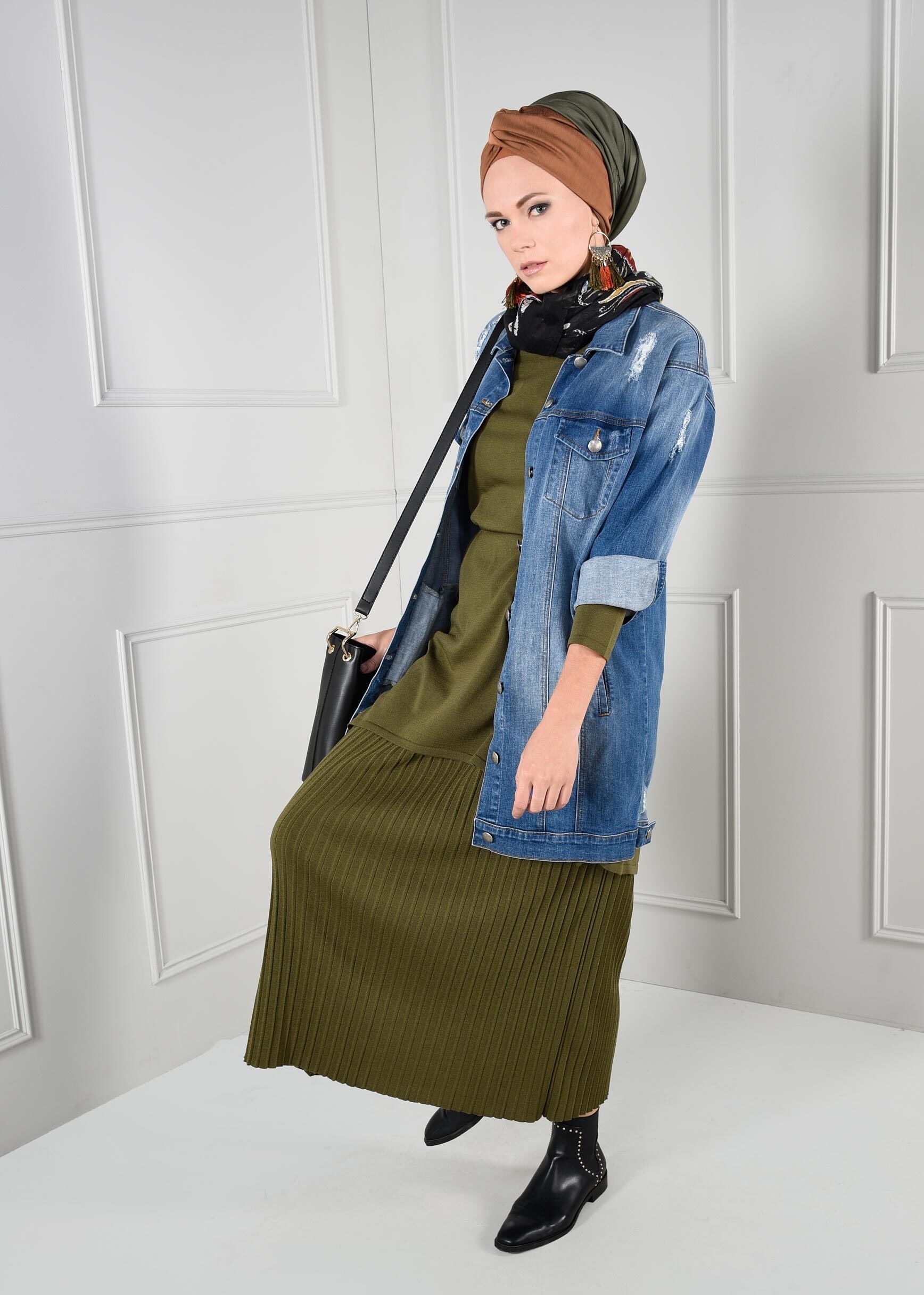 Tesettür giyim HAKİ BELİ LASTİKLİ FİTİLLİ TRİKO ETEK 6093