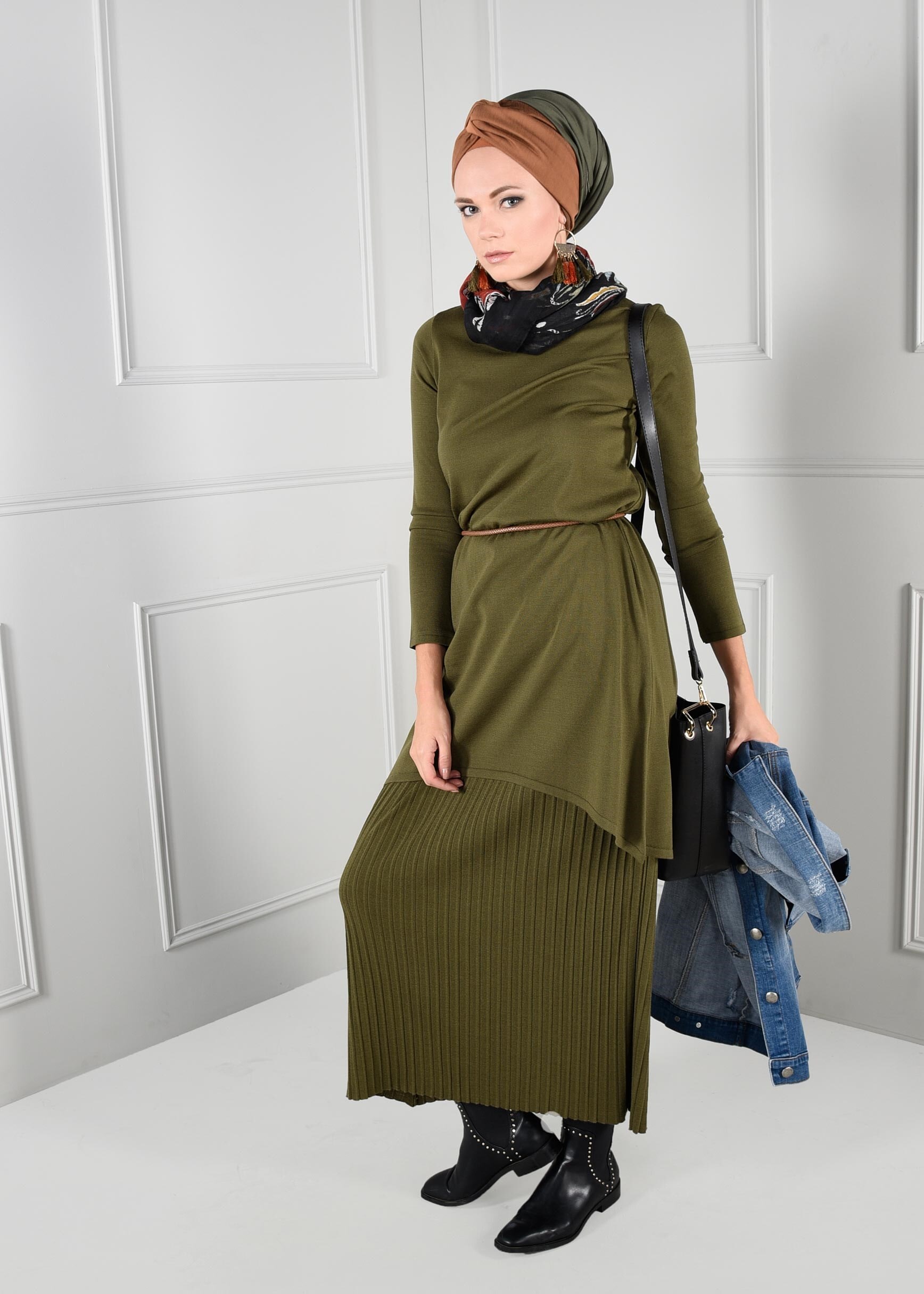 Tesettür giyim HAKİ BELİ LASTİKLİ FİTİLLİ TRİKO ETEK 6093