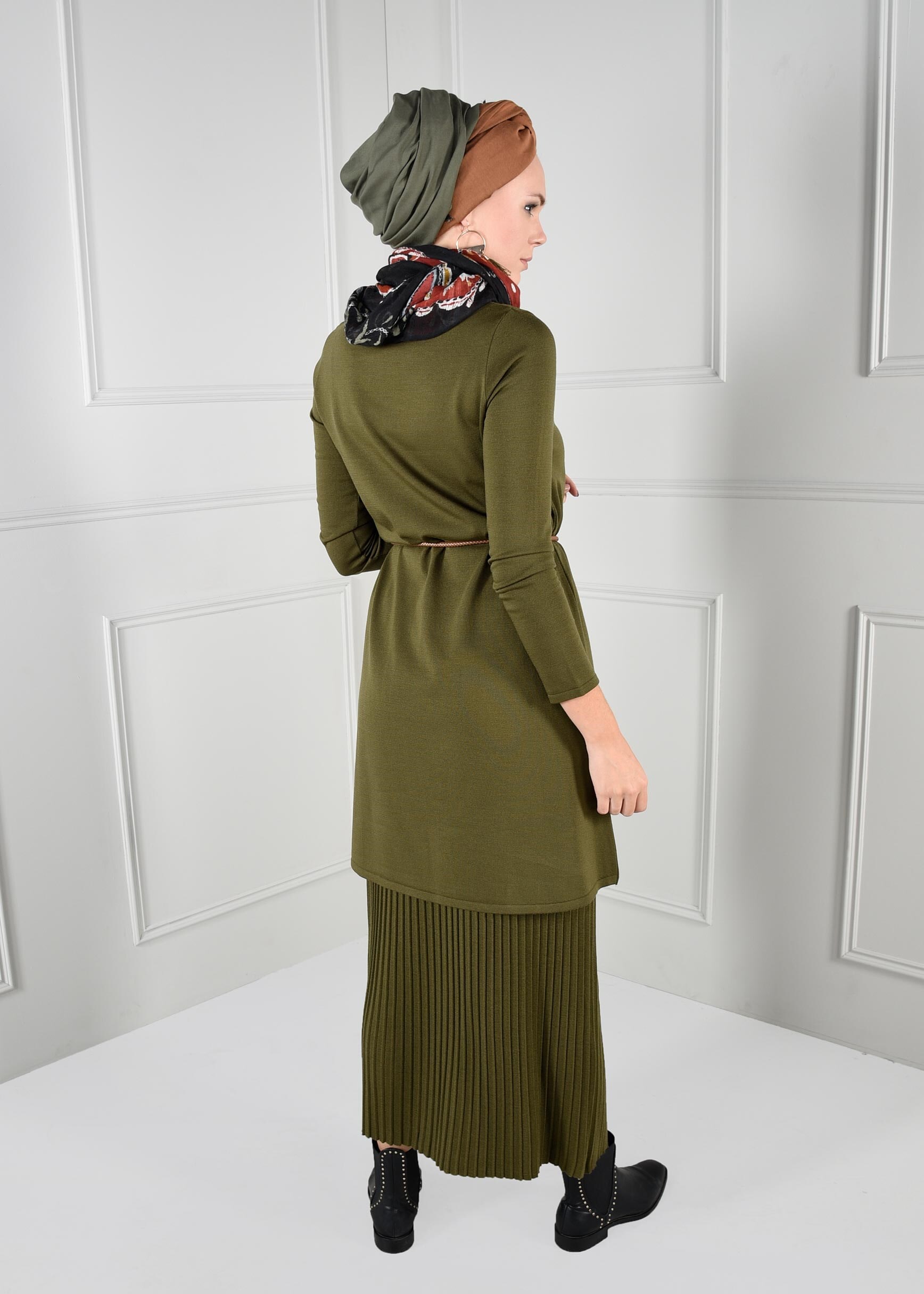 Tesettür giyim HAKİ BELİ LASTİKLİ FİTİLLİ TRİKO ETEK 6093