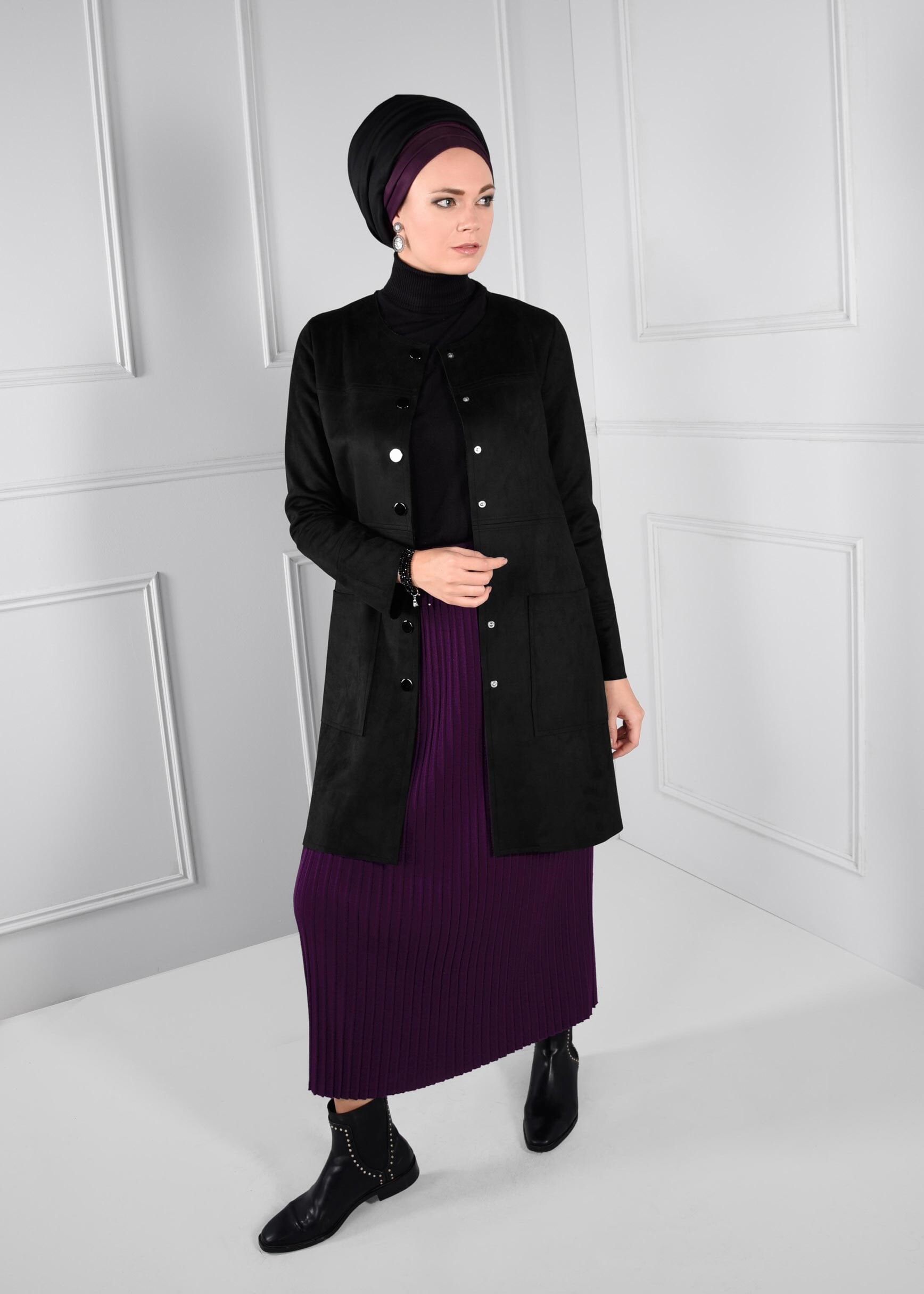 Tesettür giyim MÜRDÜM BELİ LASTİKLİ FİTİLLİ TRİKO ETEK 6093