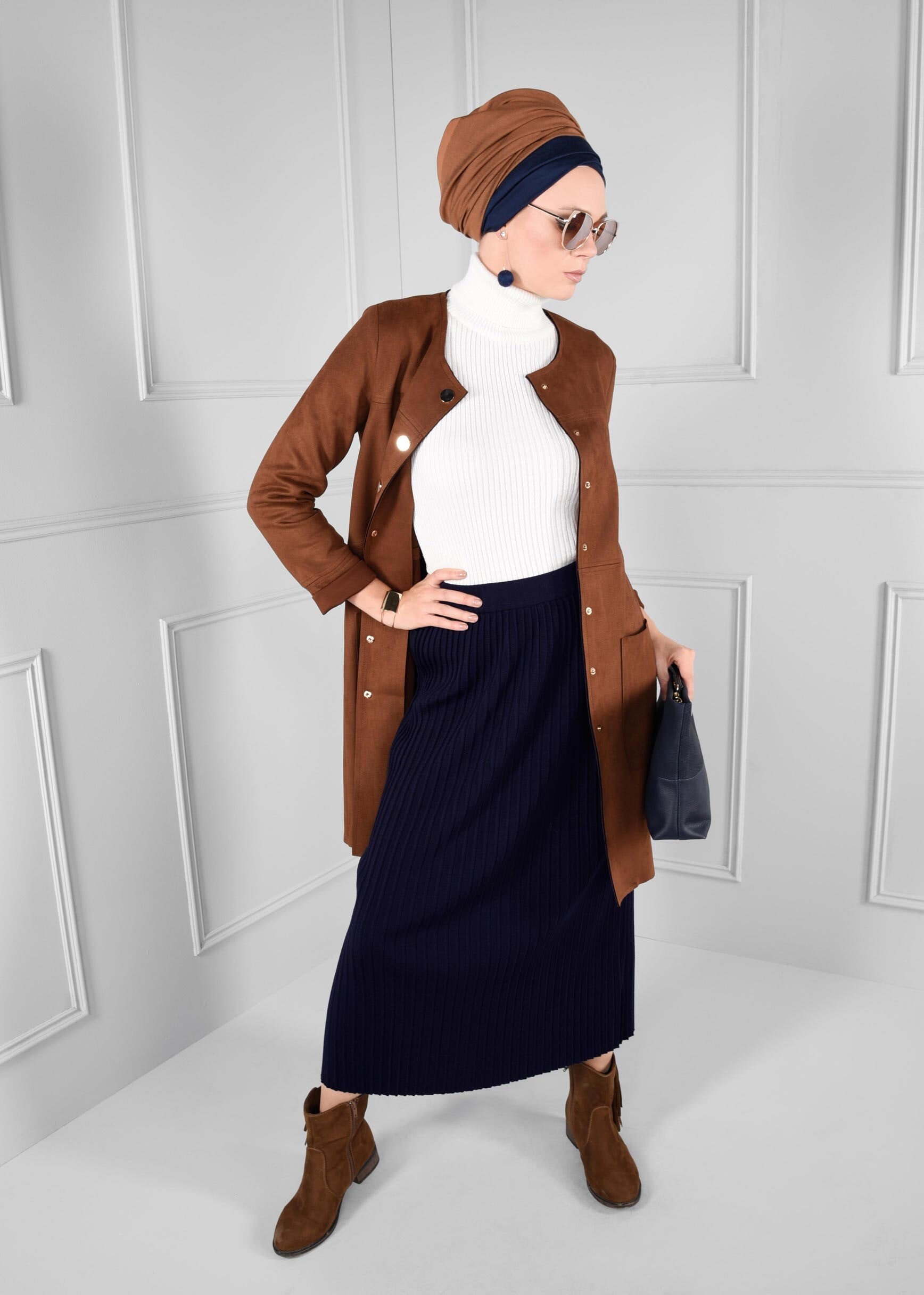 Tesettür giyim LACİVERT BELİ LASTİKLİ FİTİLLİ TRİKO ETEK 6093