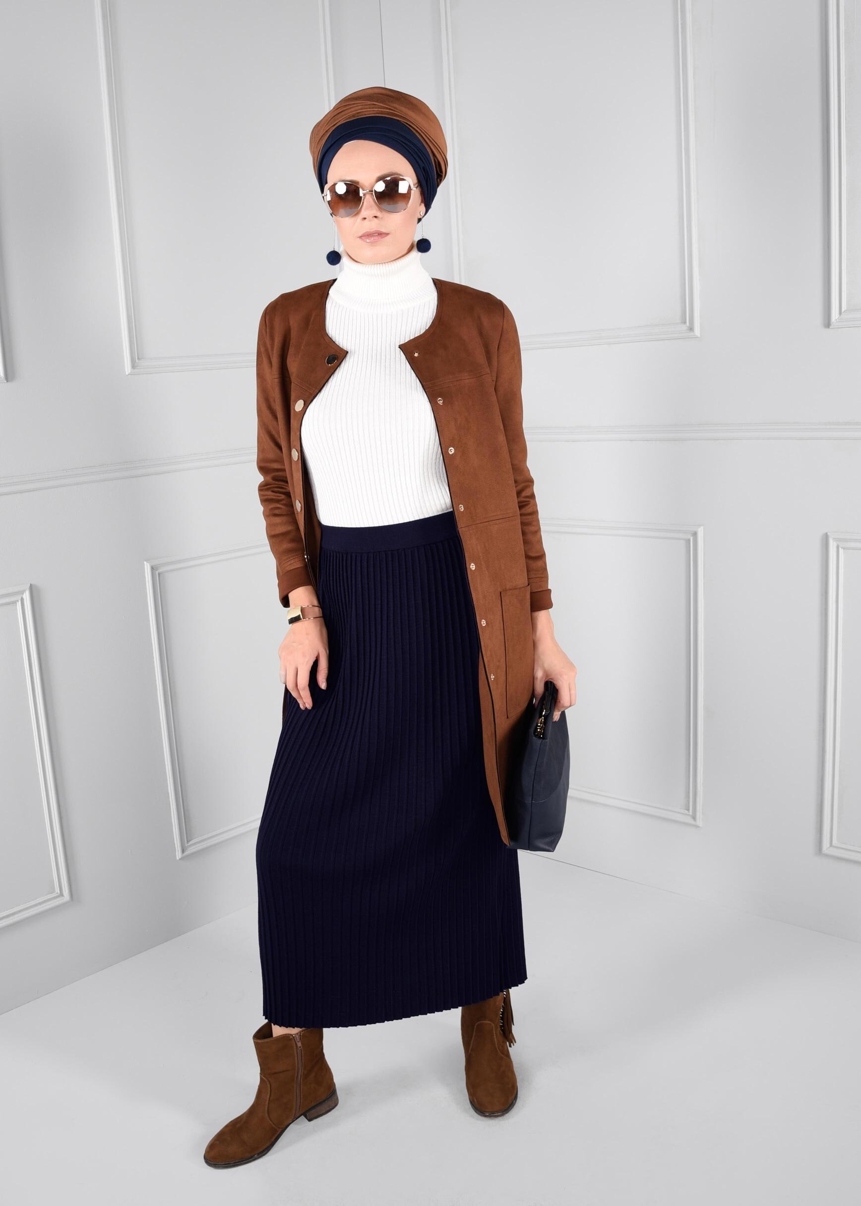 Tesettür giyim LACİVERT BELİ LASTİKLİ FİTİLLİ TRİKO ETEK 6093