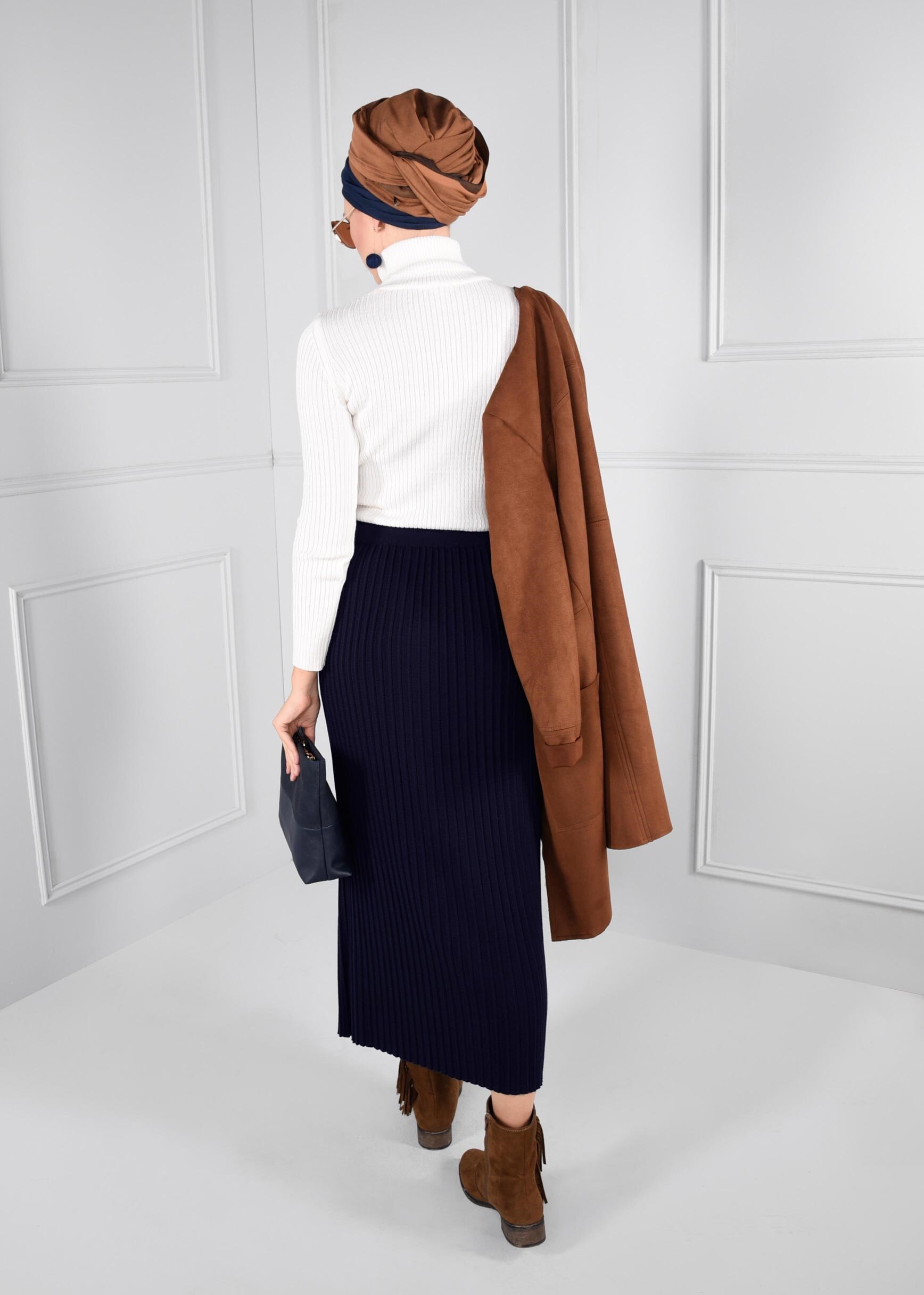 Tesettür giyim LACİVERT BELİ LASTİKLİ FİTİLLİ TRİKO ETEK 6093