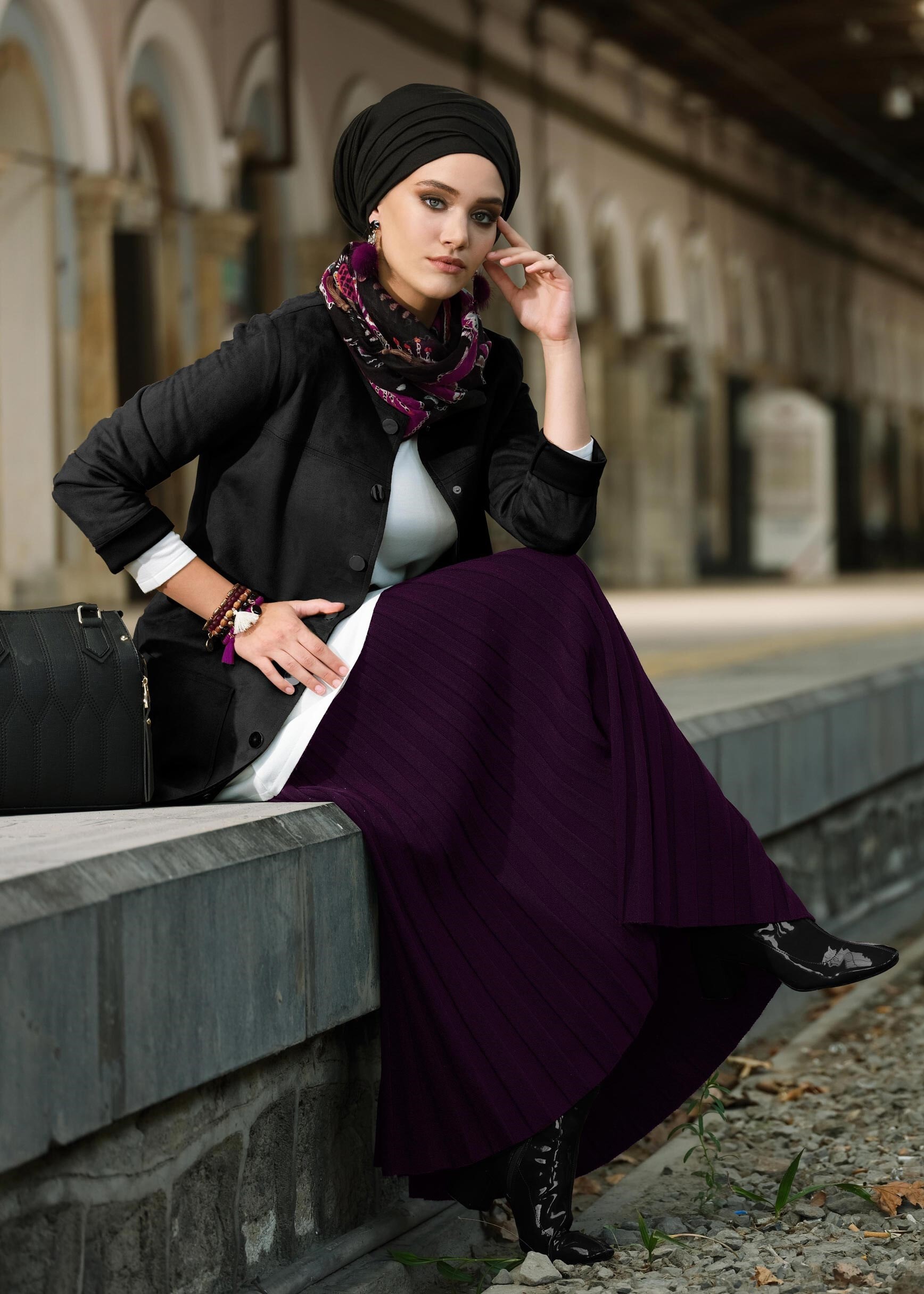 Tesettür giyim MÜRDÜM PİLELİ TRİKO ETEK 6094