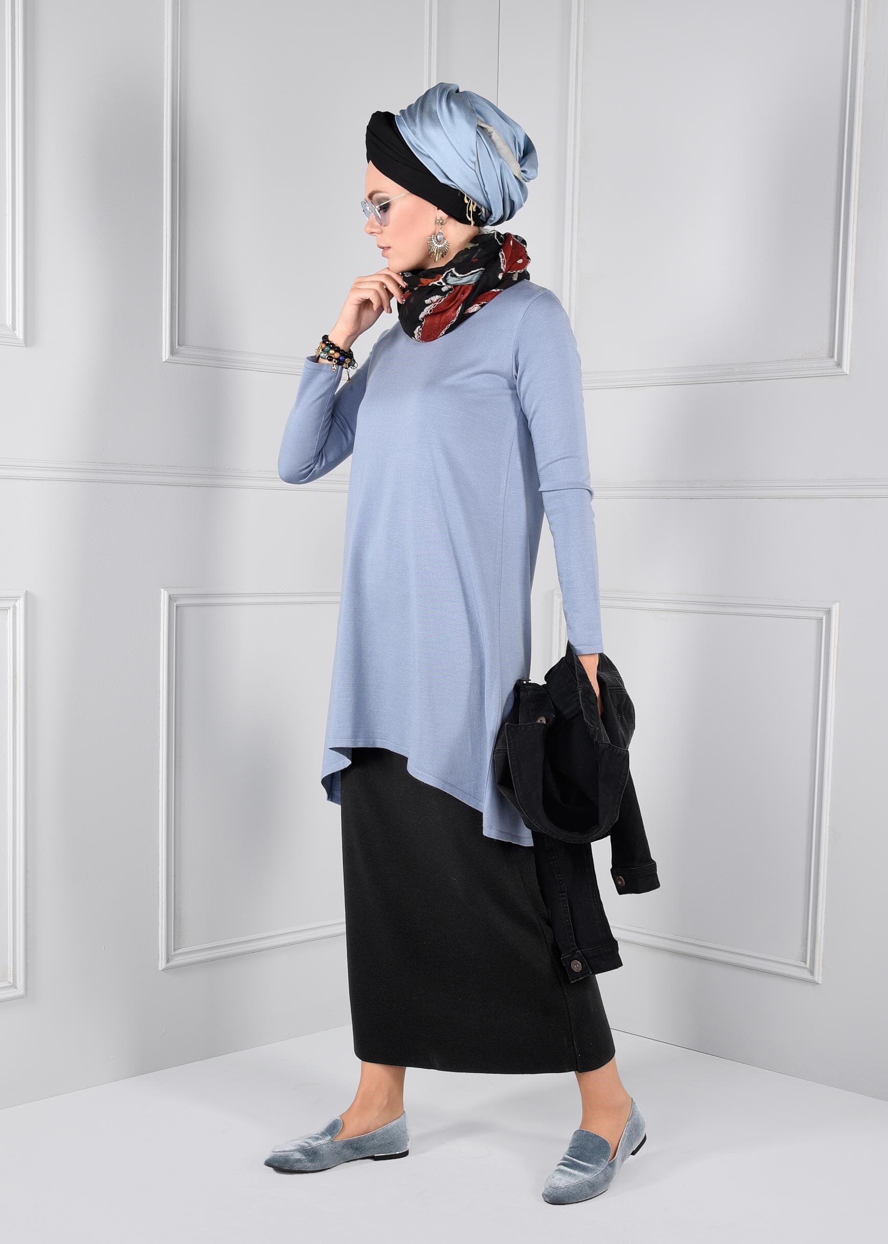 Tesettür giyim SİYAH BELİ LASTİKLİ TRİKO ETEK 6095