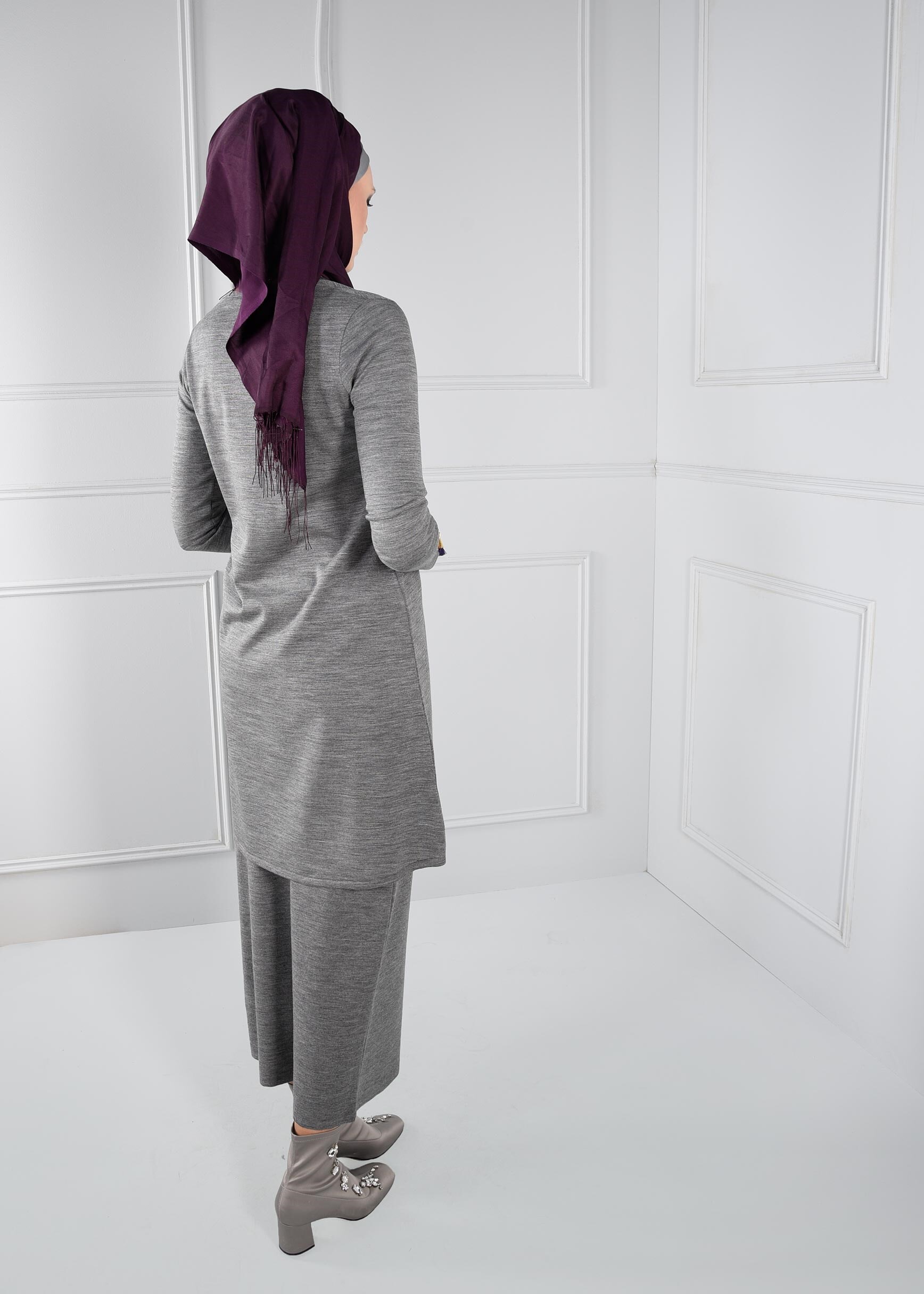 Tesettür giyim GRİ BELİ LASTİKLİ TRİKO ETEK 6095