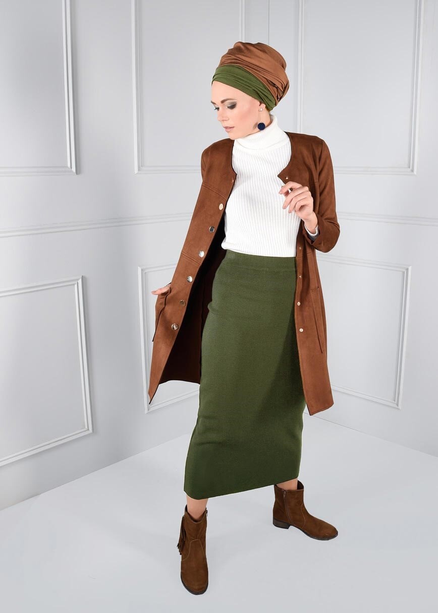 Tesettür giyim HAKİ BELİ LASTİKLİ TRİKO ETEK 6095