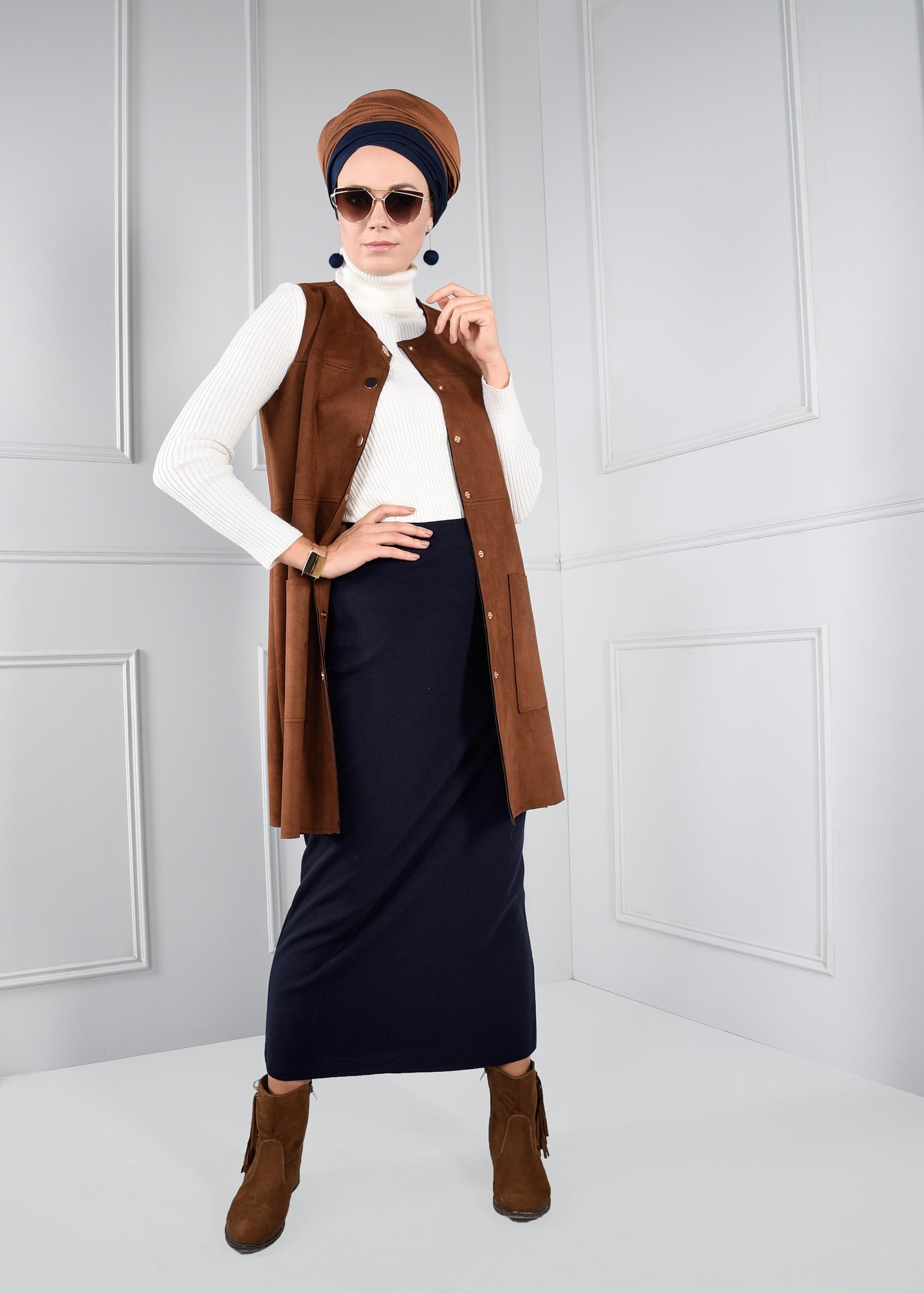 Tesettür giyim LACİVERT BELİ LASTİKLİ TRİKO ETEK 6095