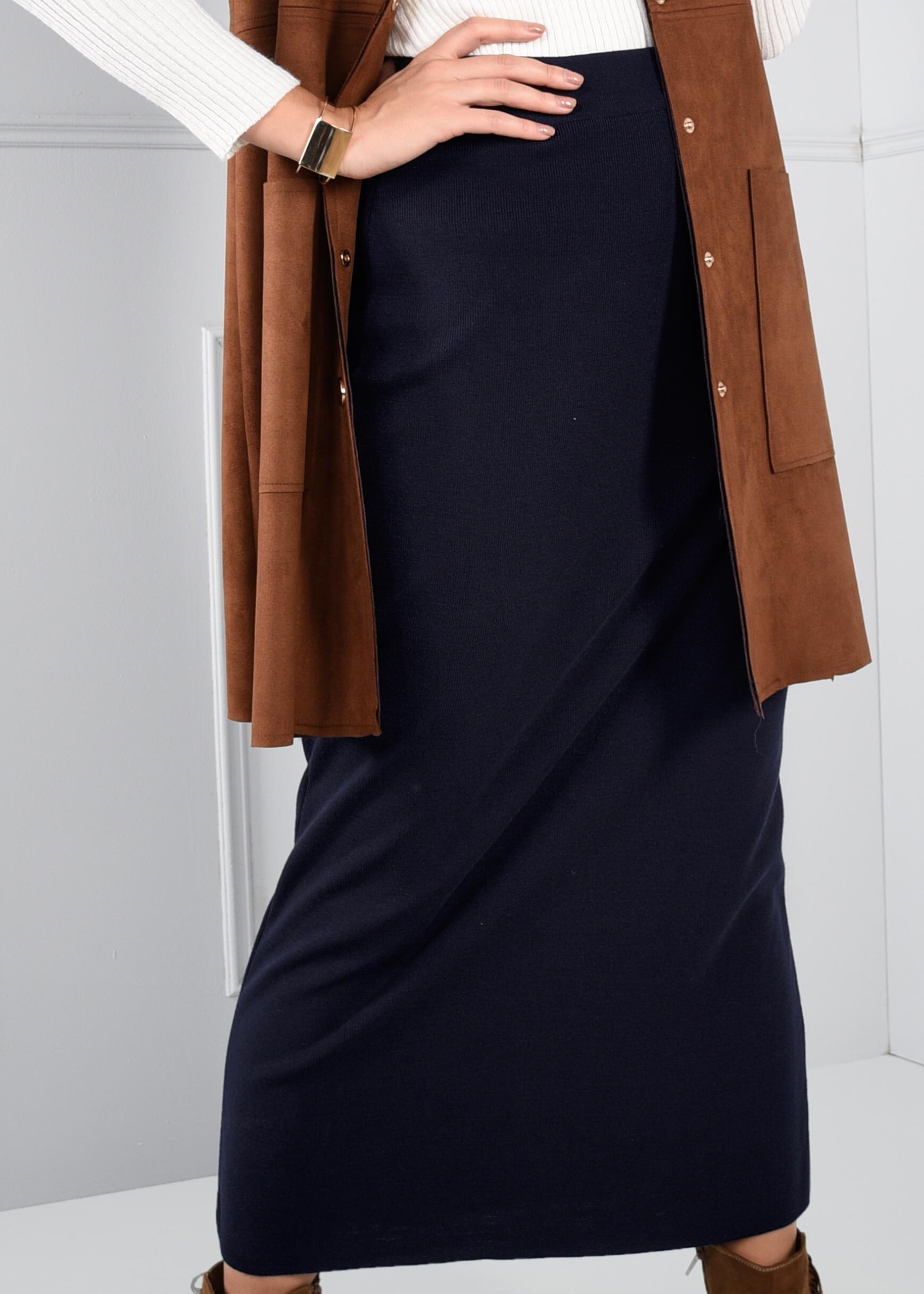 Tesettür giyim LACİVERT BELİ LASTİKLİ TRİKO ETEK 6095