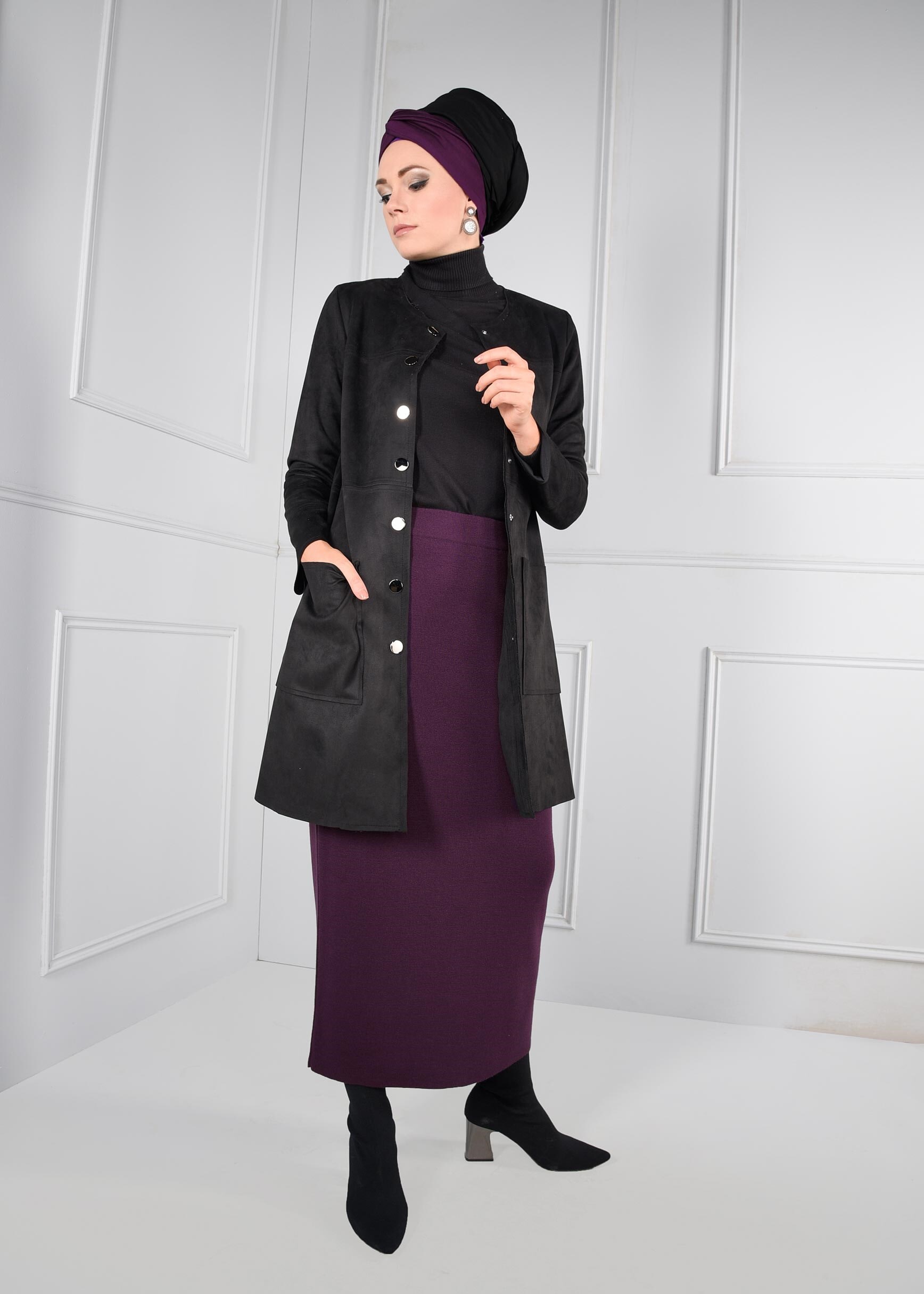 Tesettür giyim MÜRDÜM BELİ LASTİKLİ TRİKO ETEK 6095